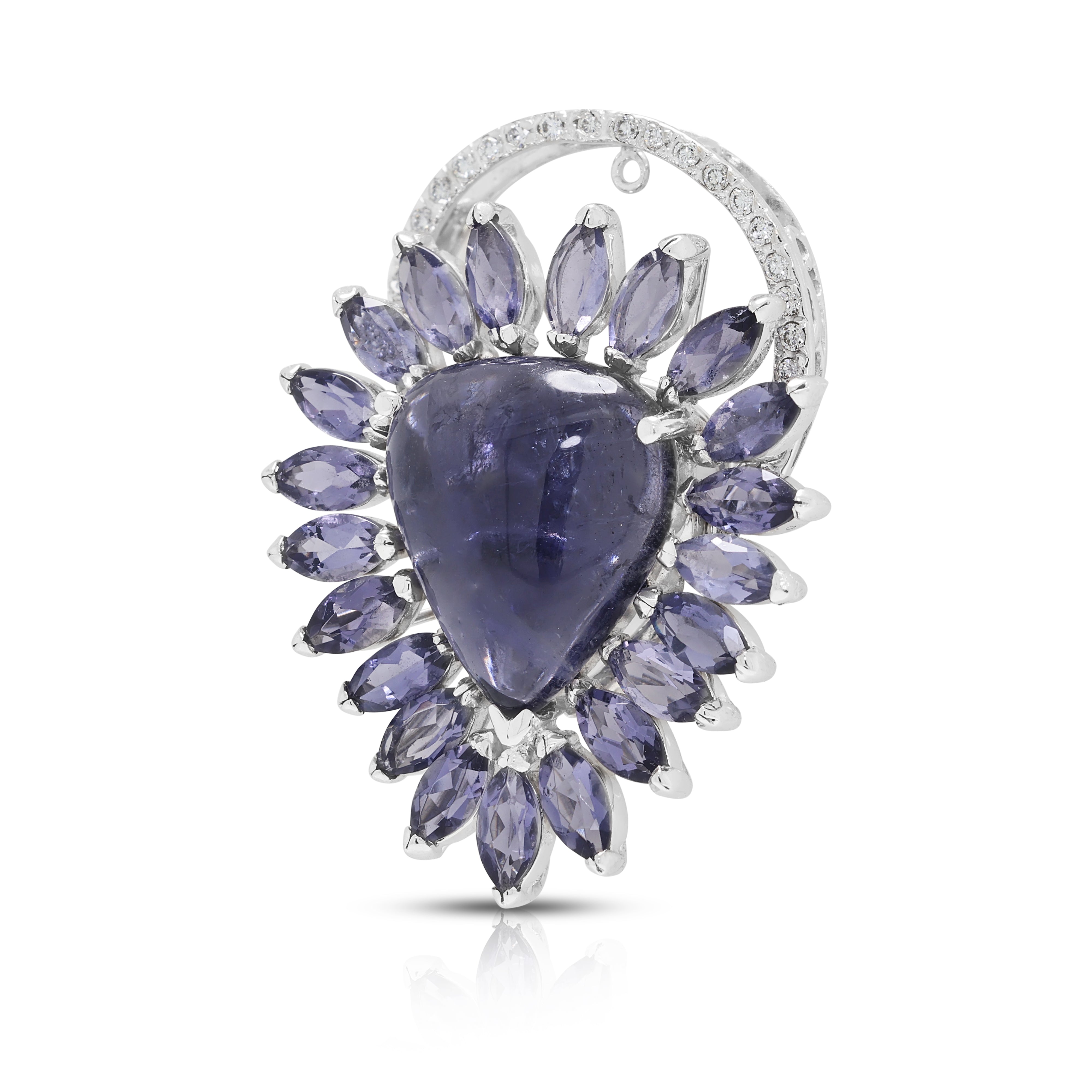 Magnificent 14.15ct Iolite and 0.24ct Natural Diamond Convertible Ring/Pendant in 18K White Gold