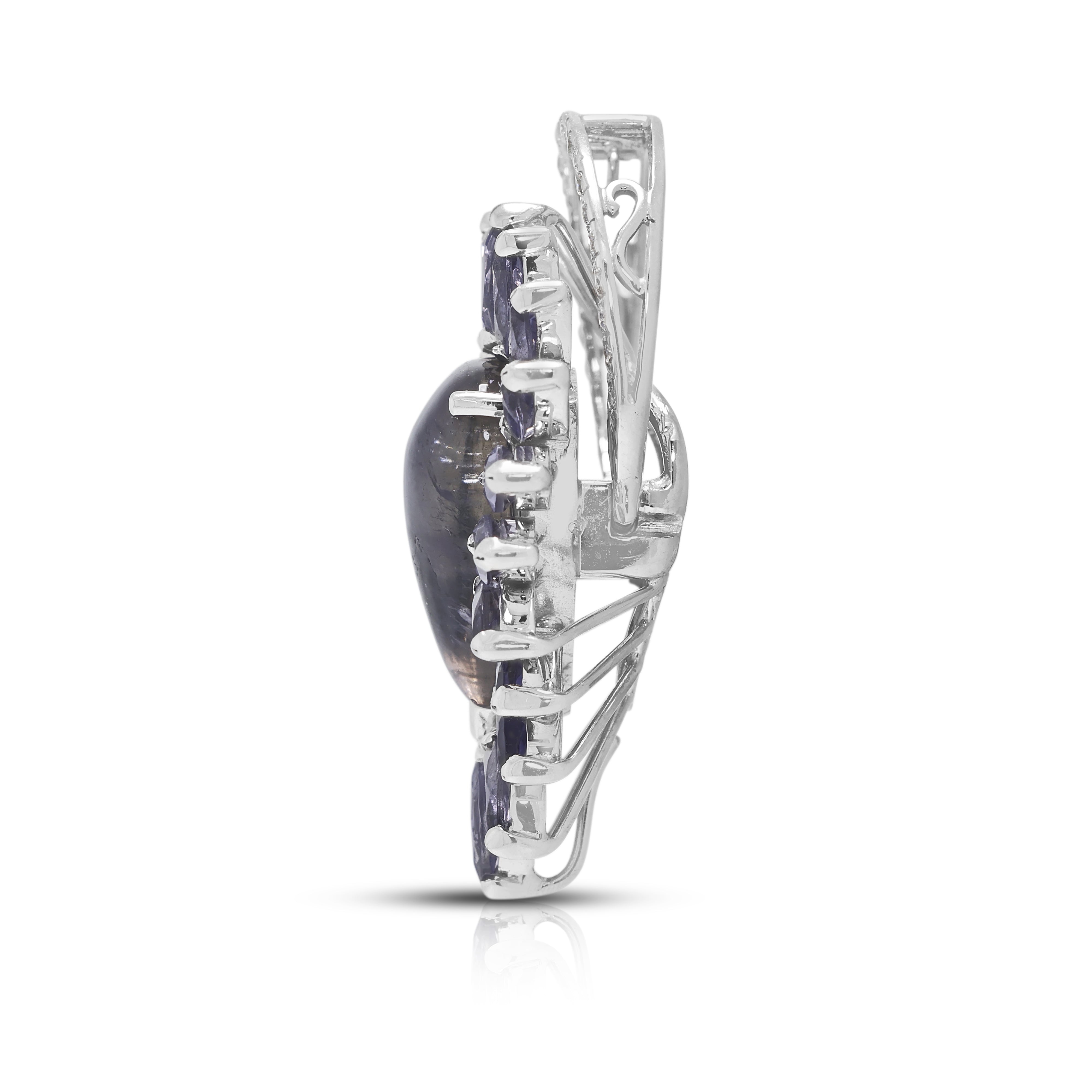 Magnificent 14.15ct Iolite and 0.24ct Natural Diamond Convertible Ring/Pendant in 18K White Gold