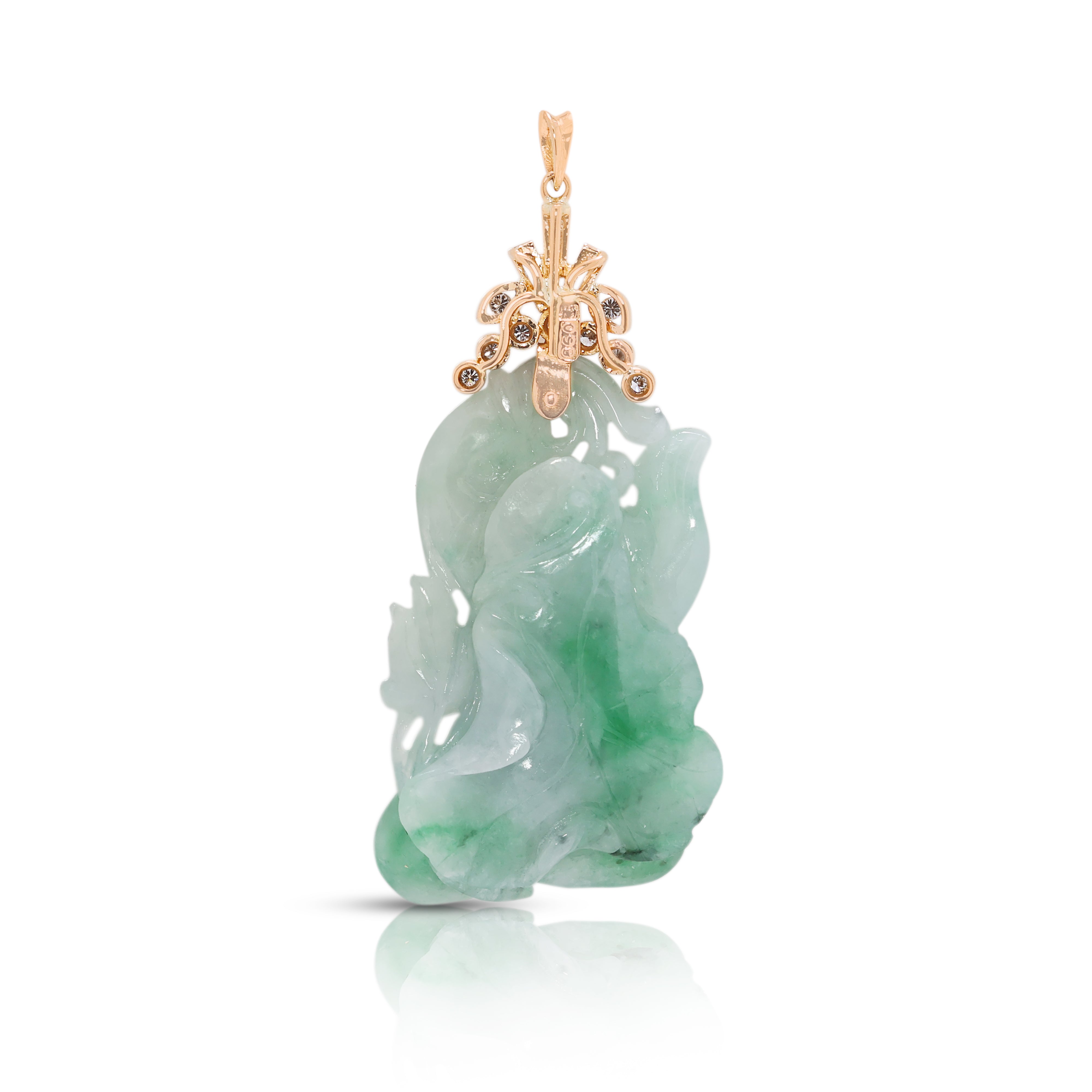 Striking 0.21ct Natural Diamond & Carved Jade Pendant in 20K Yellow Gold