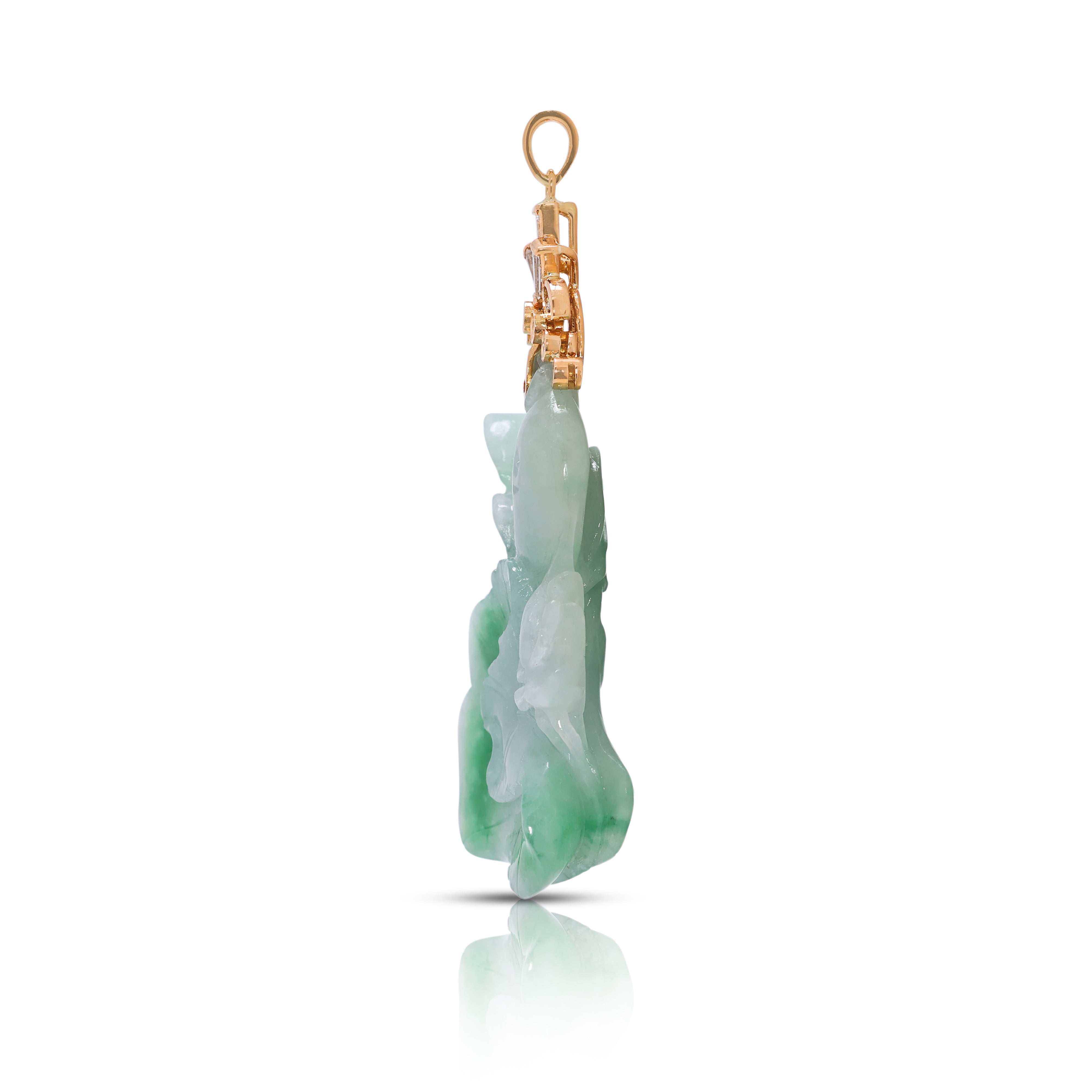 Striking 0.21ct Natural Diamond & Carved Jade Pendant in 20K Yellow Gold