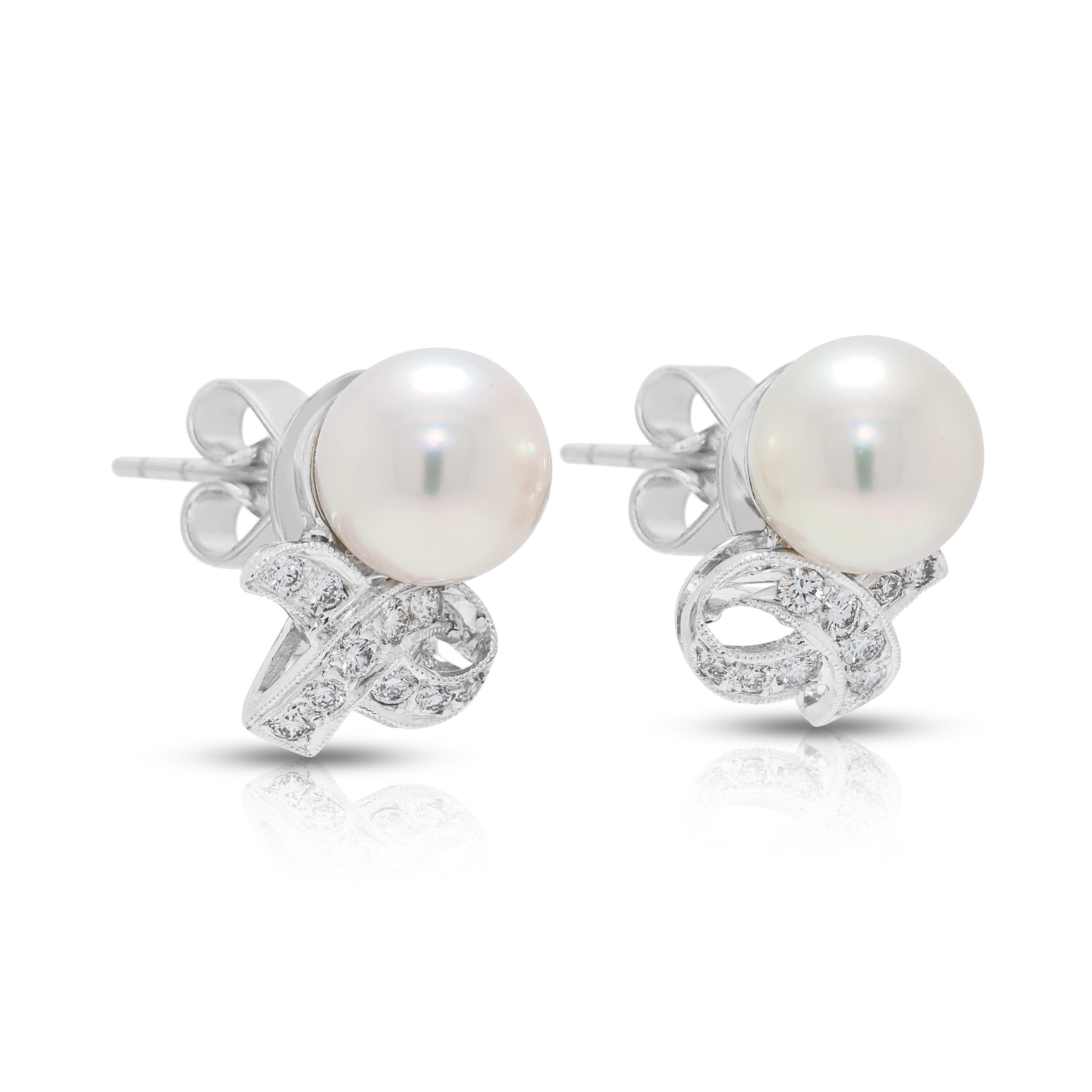 Stunning Akoya Pearl and 0.30ct Natural Diamond Ribbon Earrings in 18K White Gold