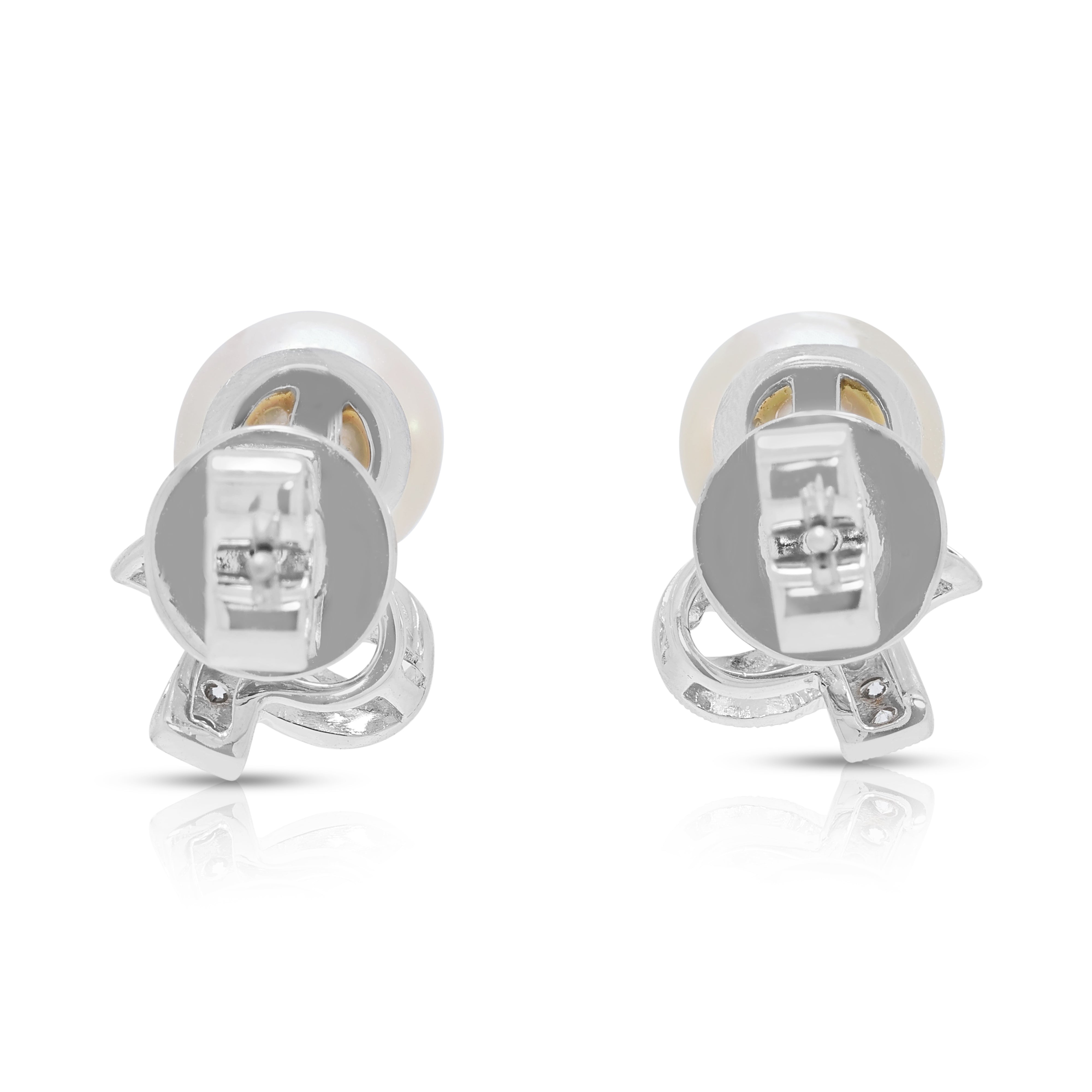 Stunning Akoya Pearl and 0.30ct Natural Diamond Ribbon Earrings in 18K White Gold