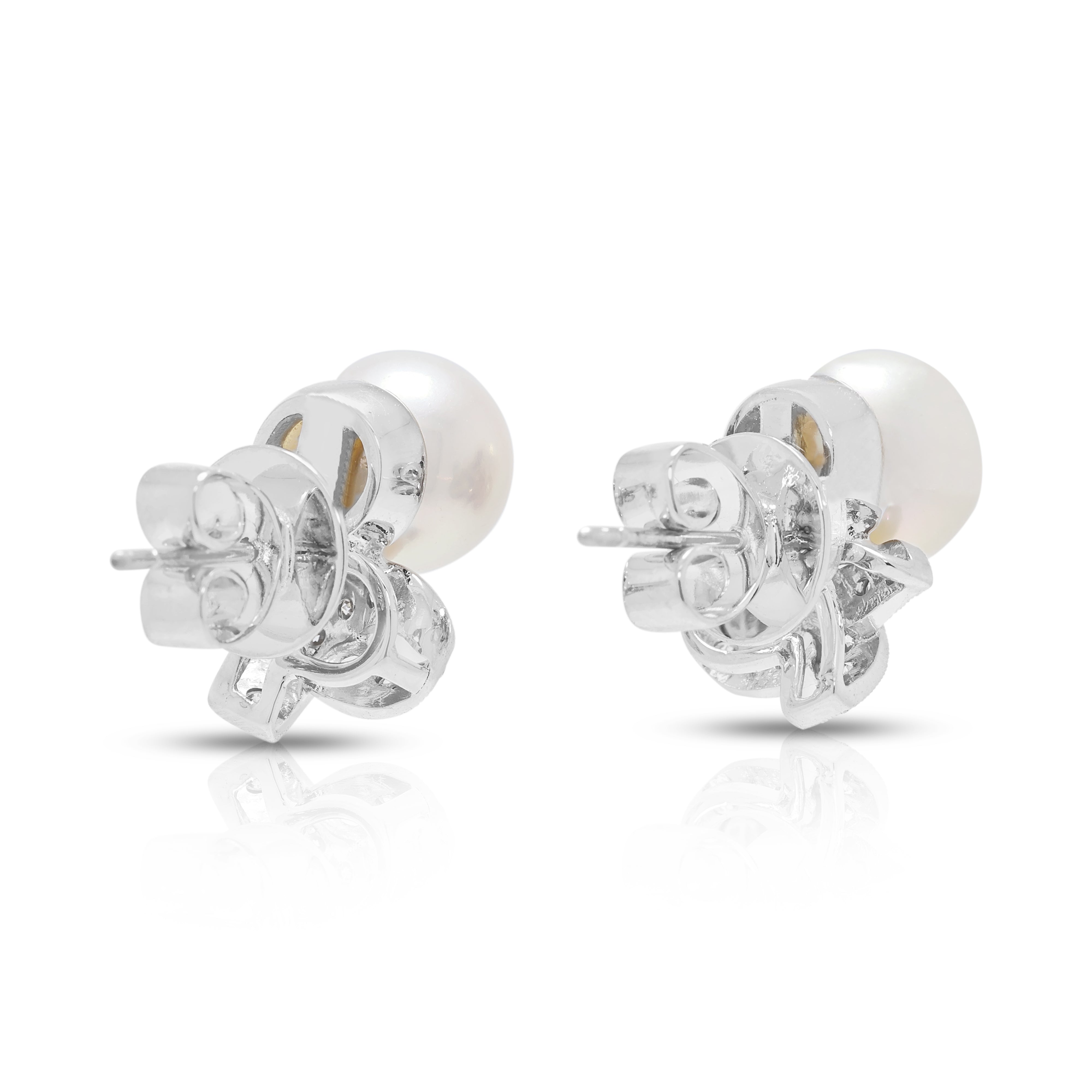 Stunning Akoya Pearl and 0.30ct Natural Diamond Ribbon Earrings in 18K White Gold