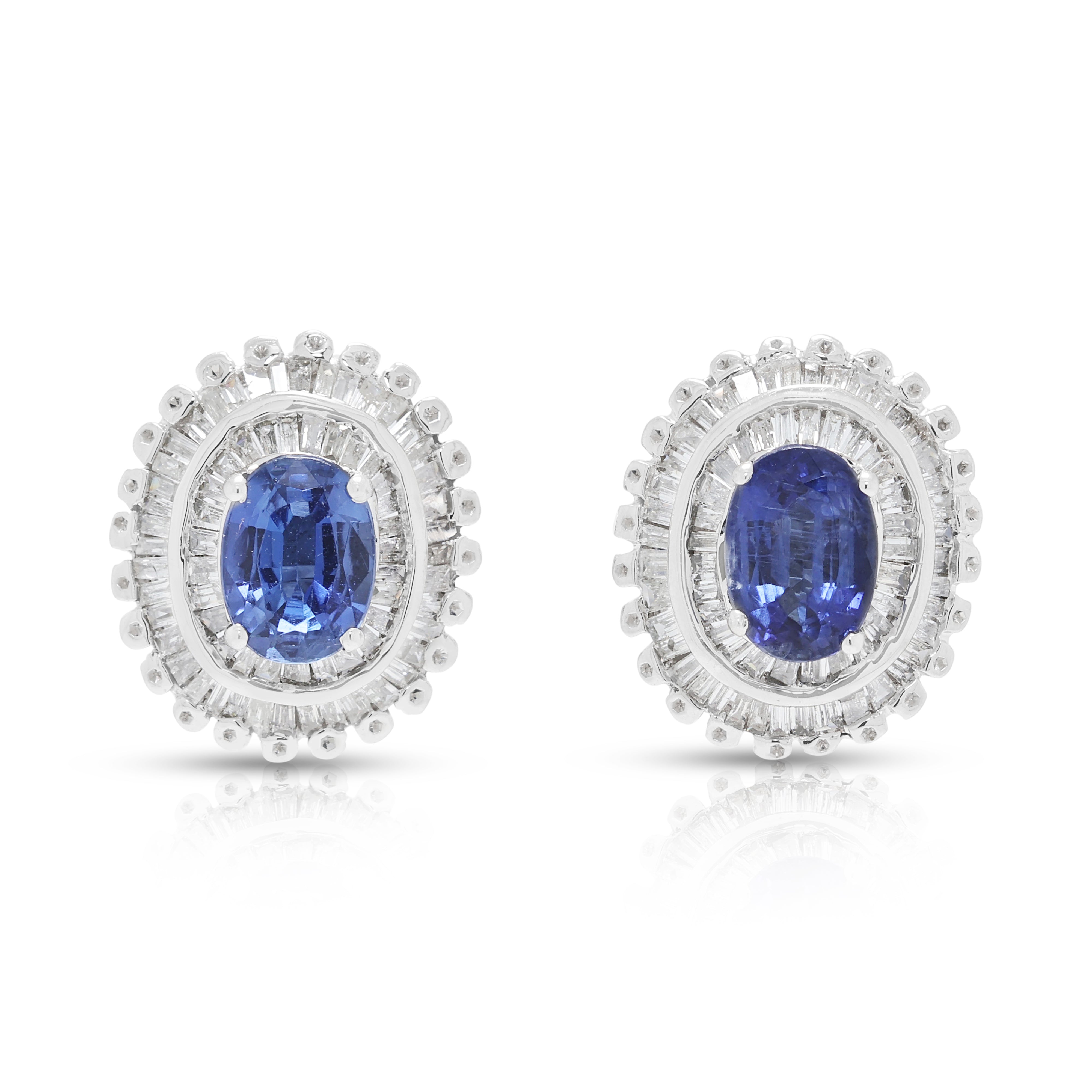 Radiant 2.40ct Sapphire and 0.68ct Natural Diamond Sunburst Earrings in 18K White Gold