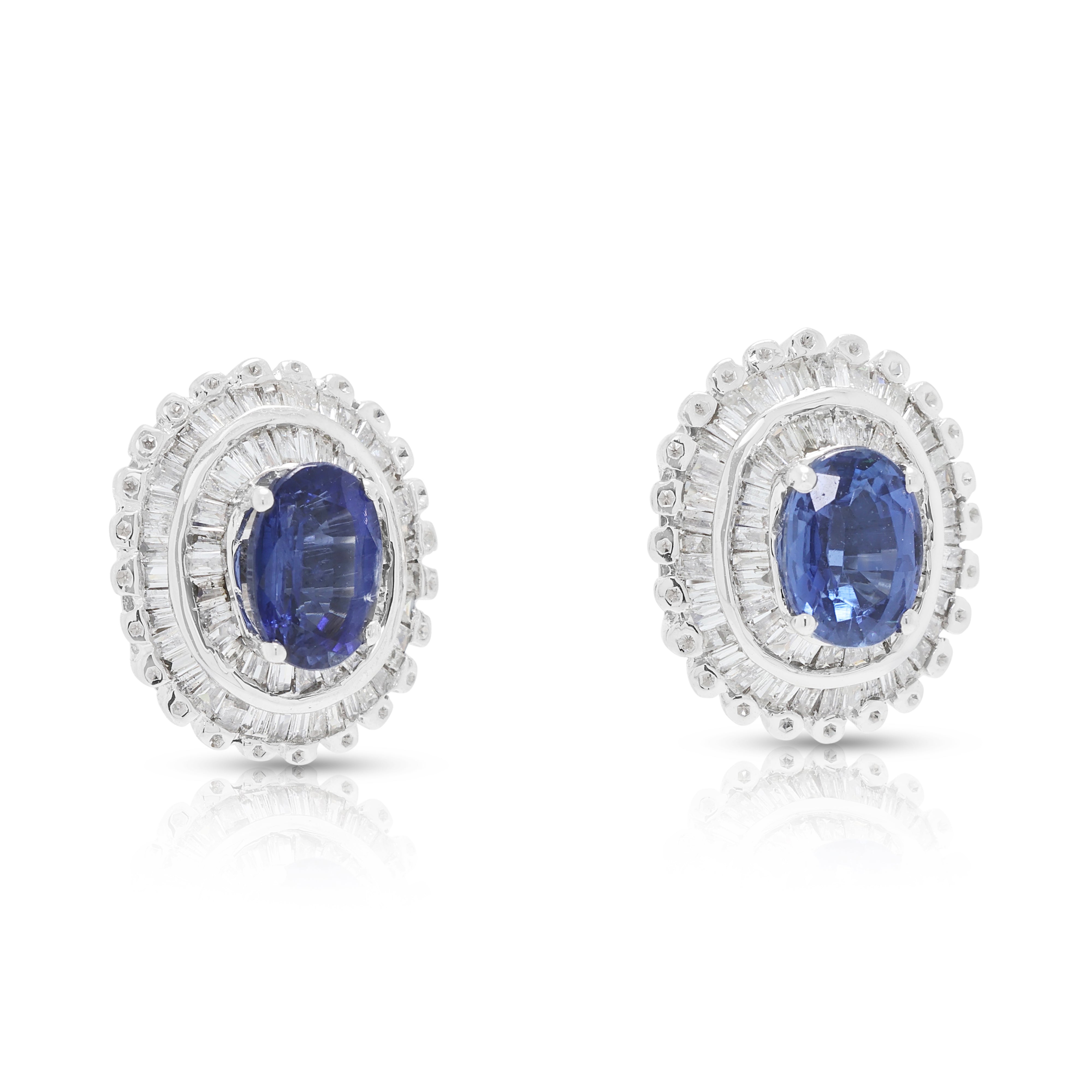 Radiant 2.40ct Sapphire and 0.68ct Natural Diamond Sunburst Earrings in 18K White Gold