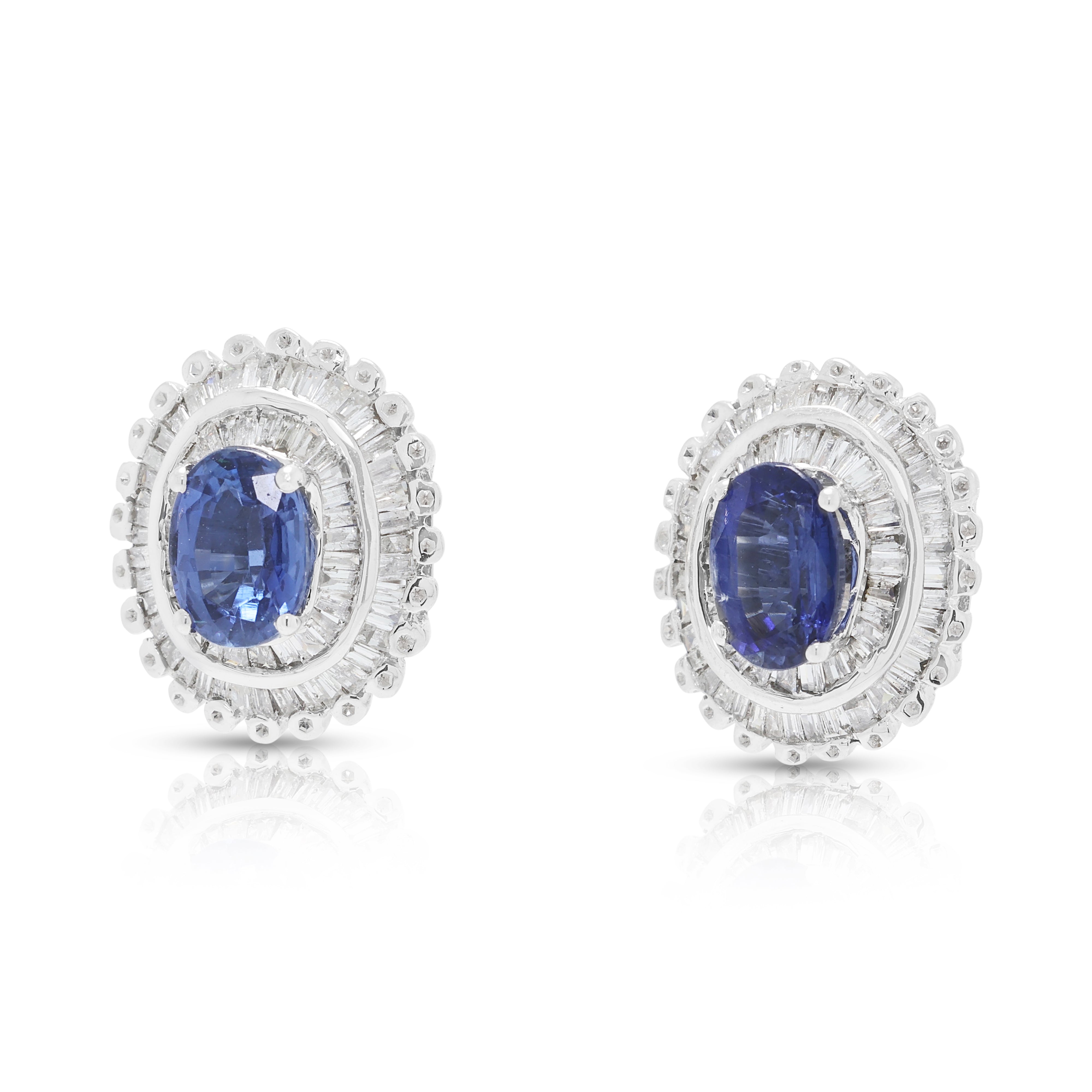 Radiant 2.40ct Sapphire and 0.68ct Natural Diamond Sunburst Earrings in 18K White Gold