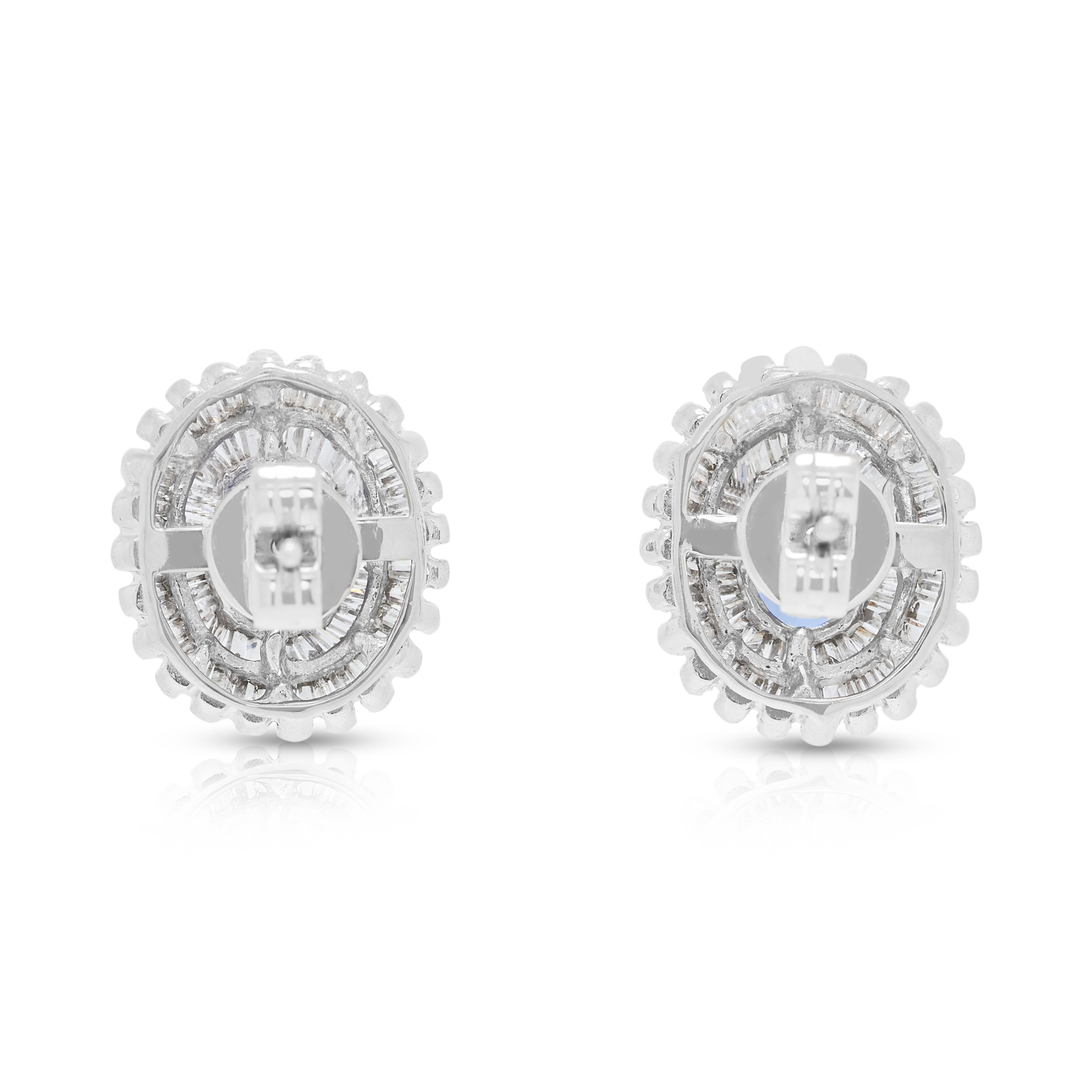 Radiant 2.40ct Sapphire and 0.68ct Natural Diamond Sunburst Earrings in 18K White Gold
