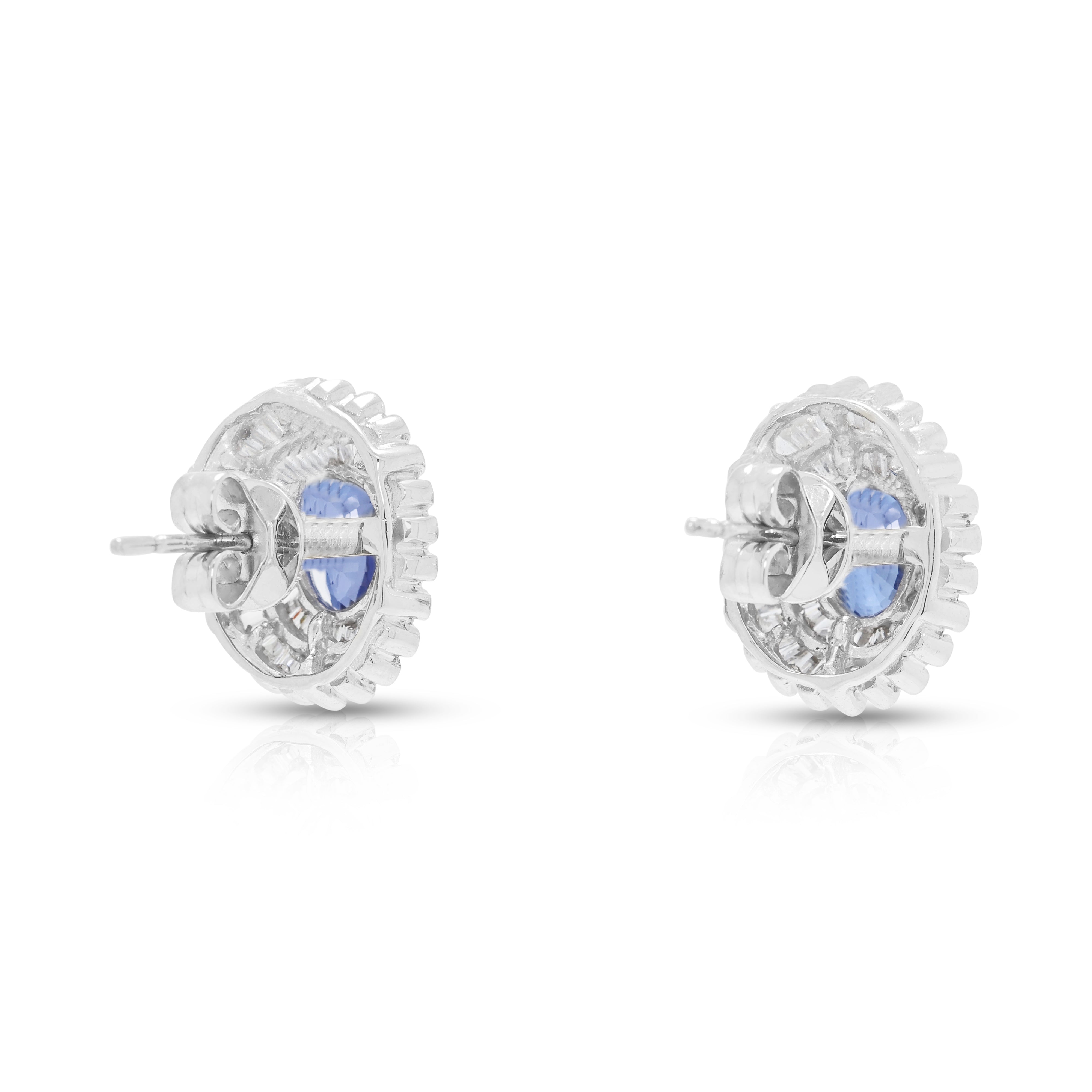 Radiant 2.40ct Sapphire and 0.68ct Natural Diamond Sunburst Earrings in 18K White Gold