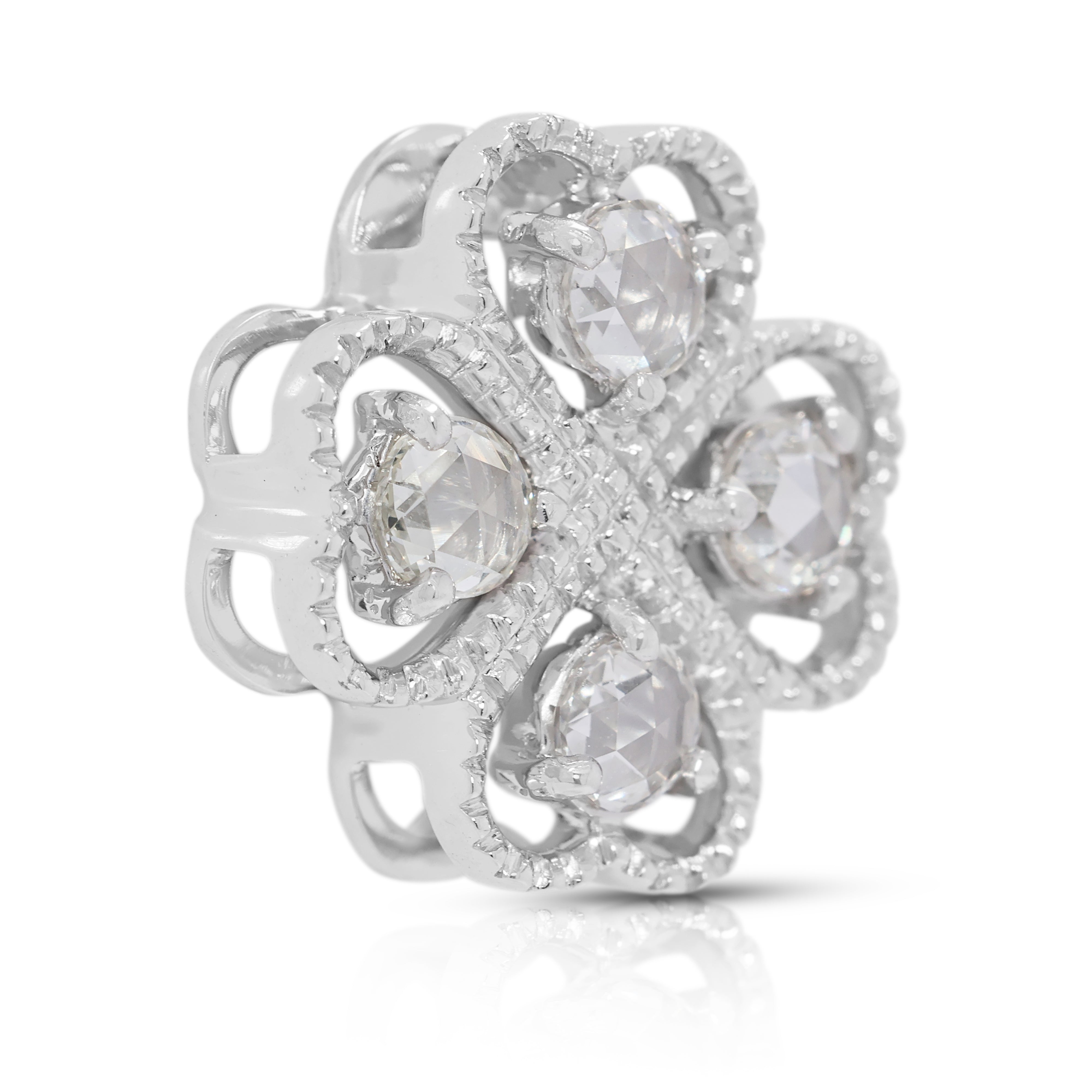 Charming 0.44ct Rose-Cut Natural Diamond Four-Leaf Clover Pendant in 18K White Gold (Unworn)