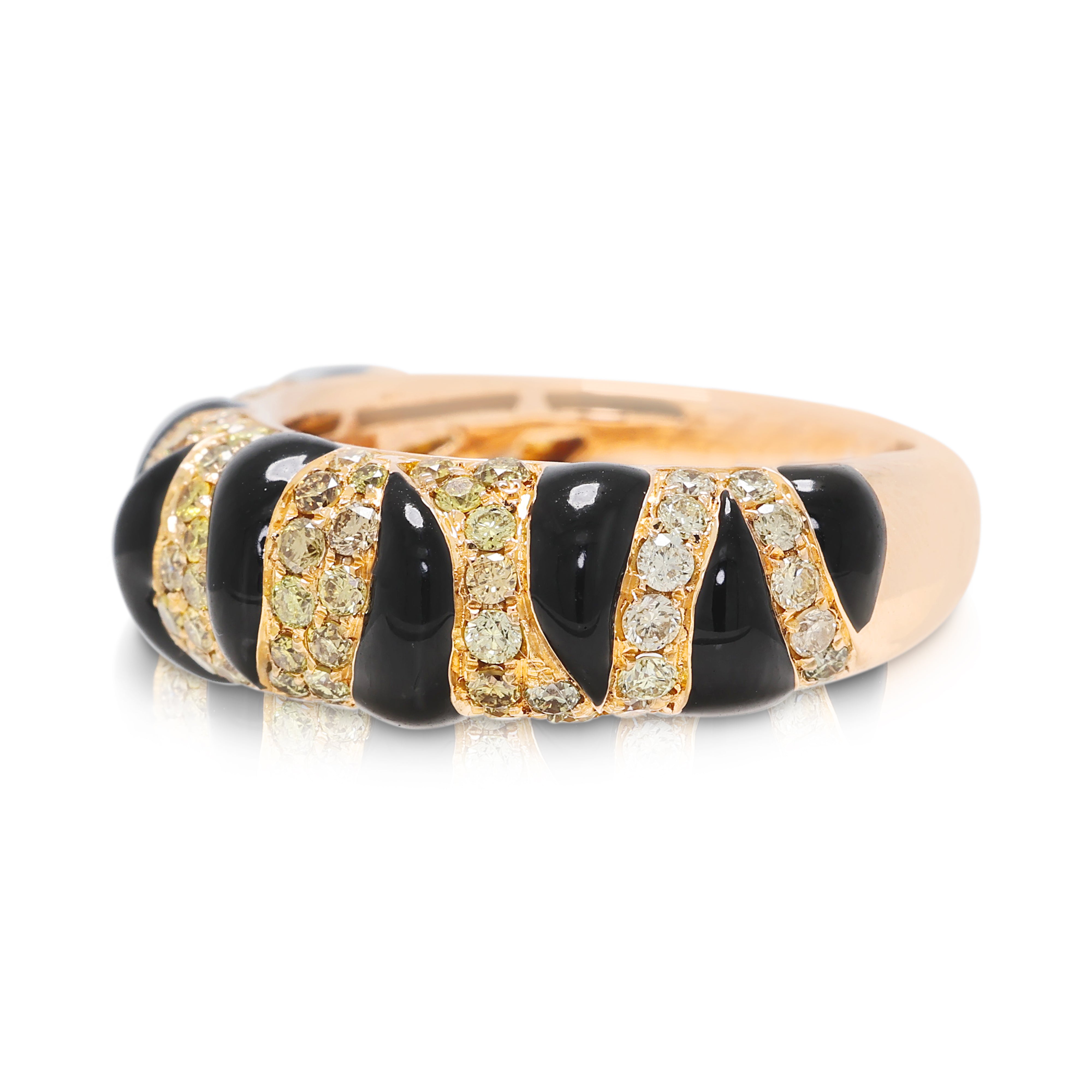Exquisite 0.94ct Yellow Natural Diamond and Black Onyx Swirl Ring in 18K Rose Gold