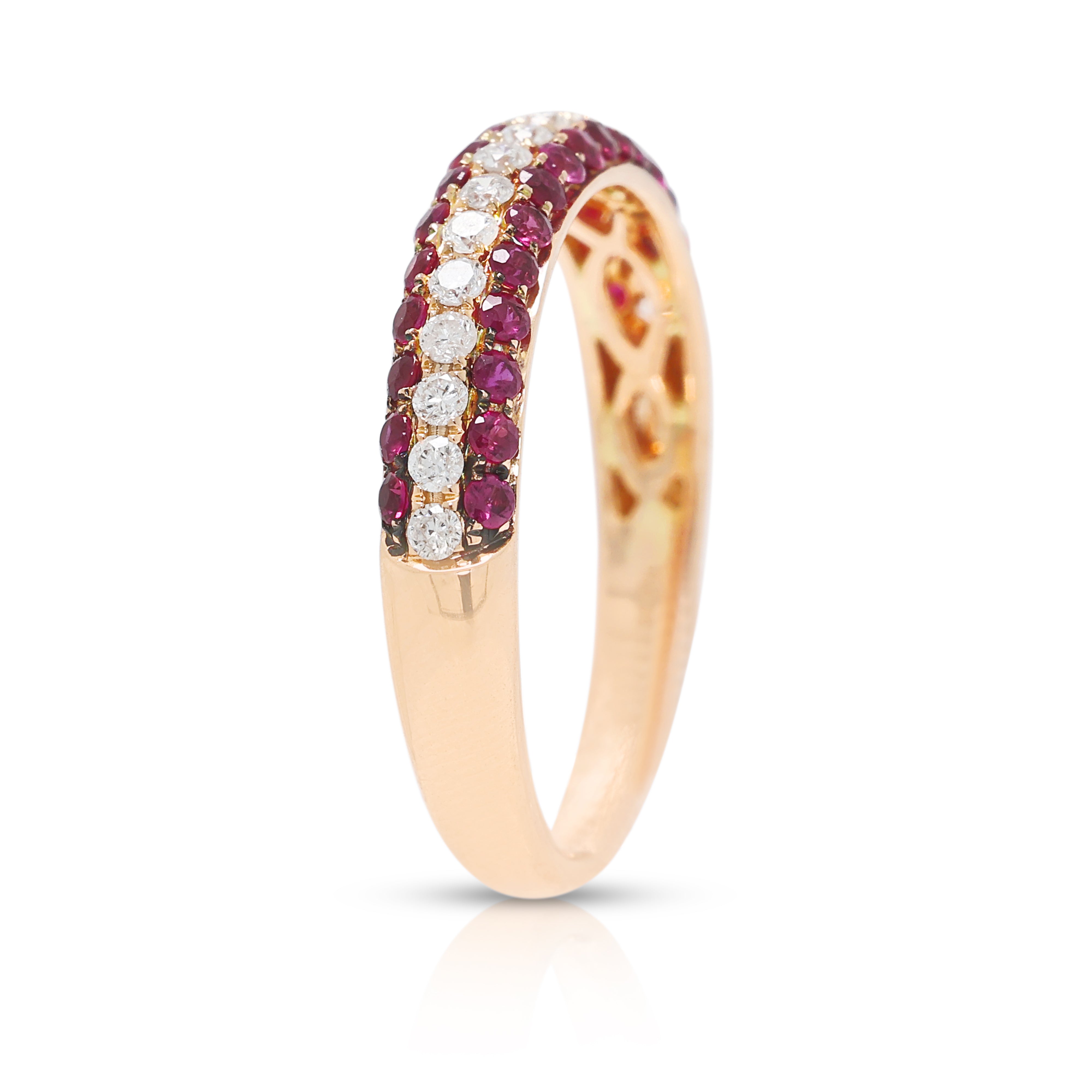 Glamorous 0.25ct Ruby and 0.17ct Natural Diamond Three-Row Ring in 18K Rose Gold