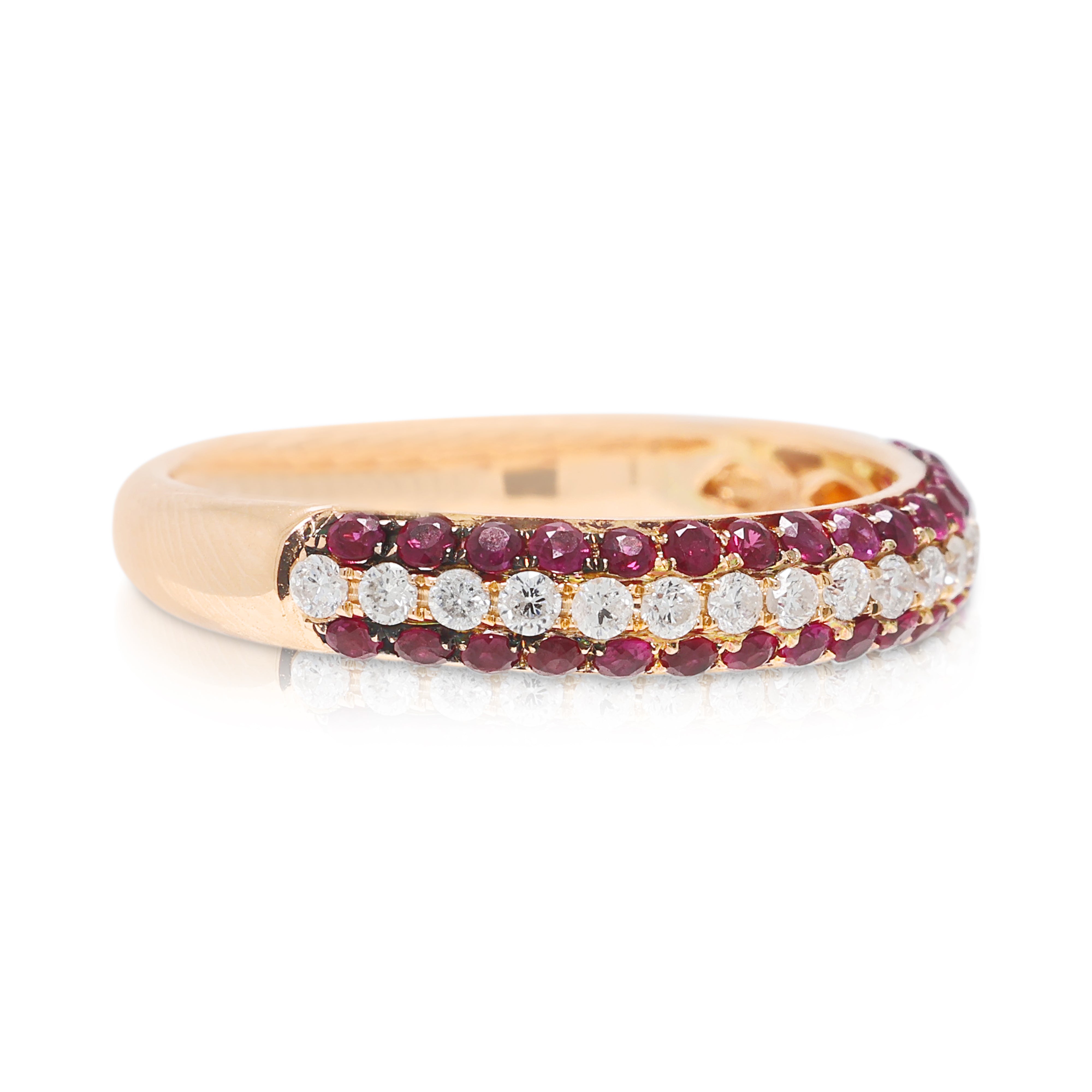 Glamorous 0.25ct Ruby and 0.17ct Natural Diamond Three-Row Ring in 18K Rose Gold
