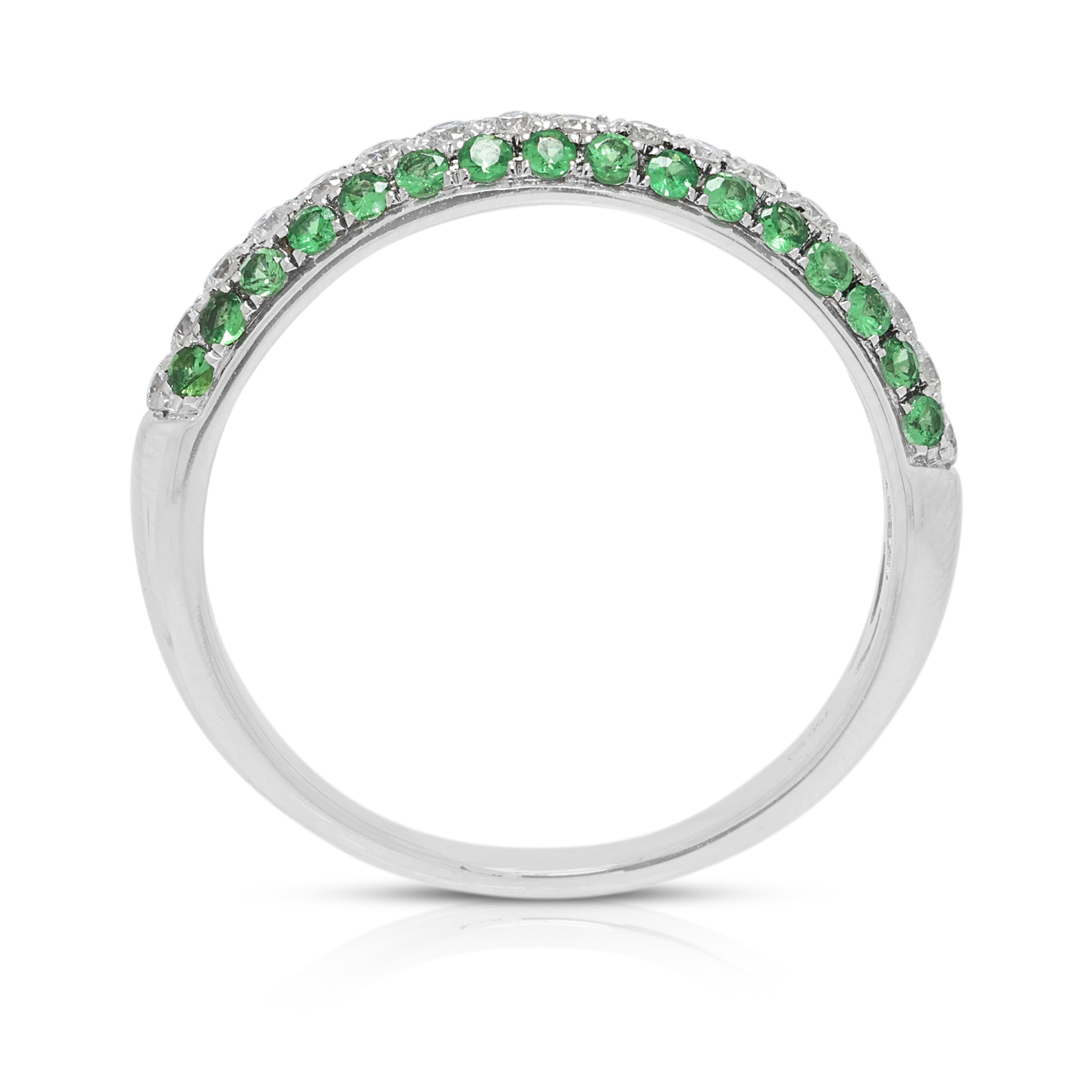 Captivating 0.17ct Natural Diamond and 0.25ct Tsavorite Garnet Three-Row Ring in 18K White Gold