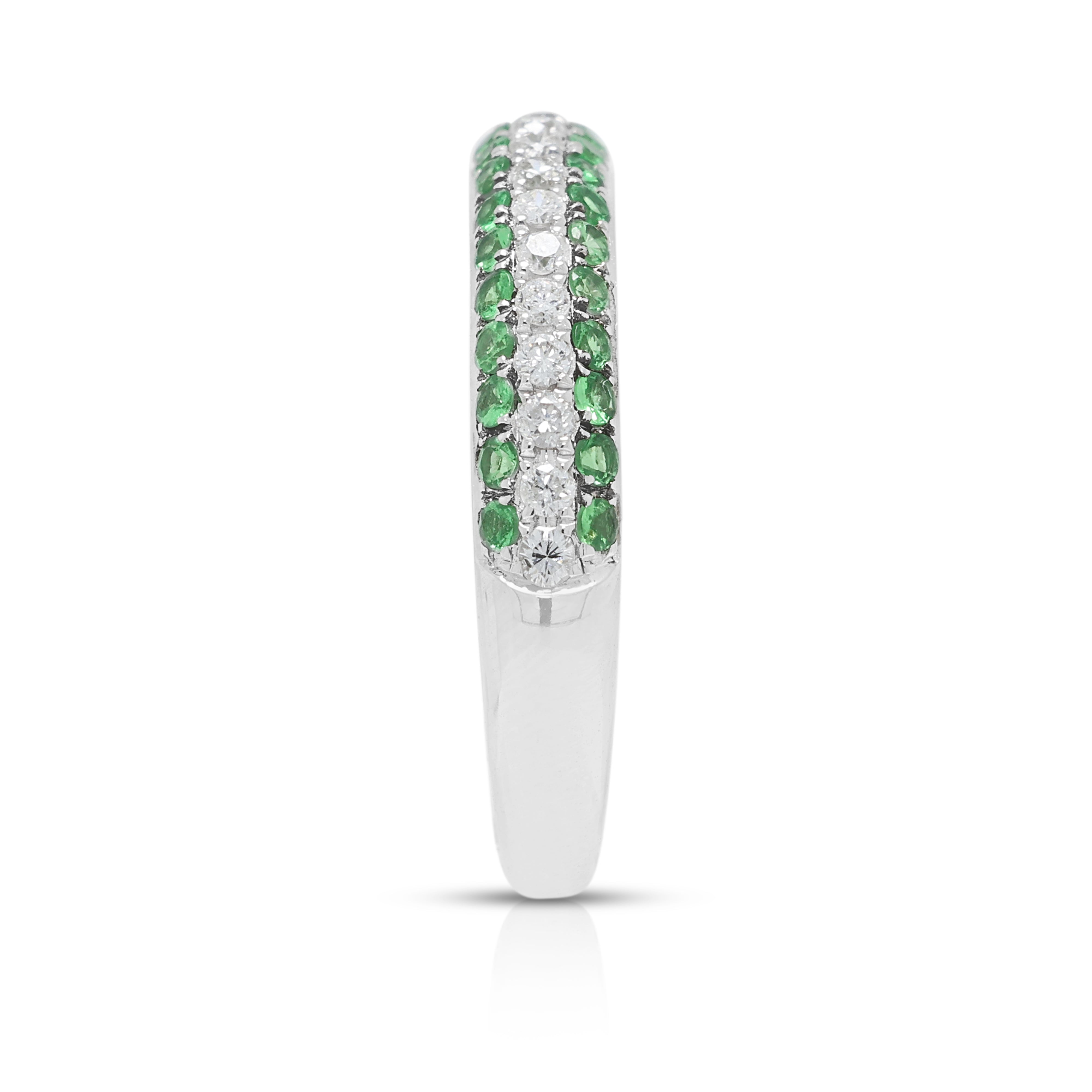 Captivating 0.17ct Natural Diamond and 0.25ct Tsavorite Garnet Three-Row Ring in 18K White Gold