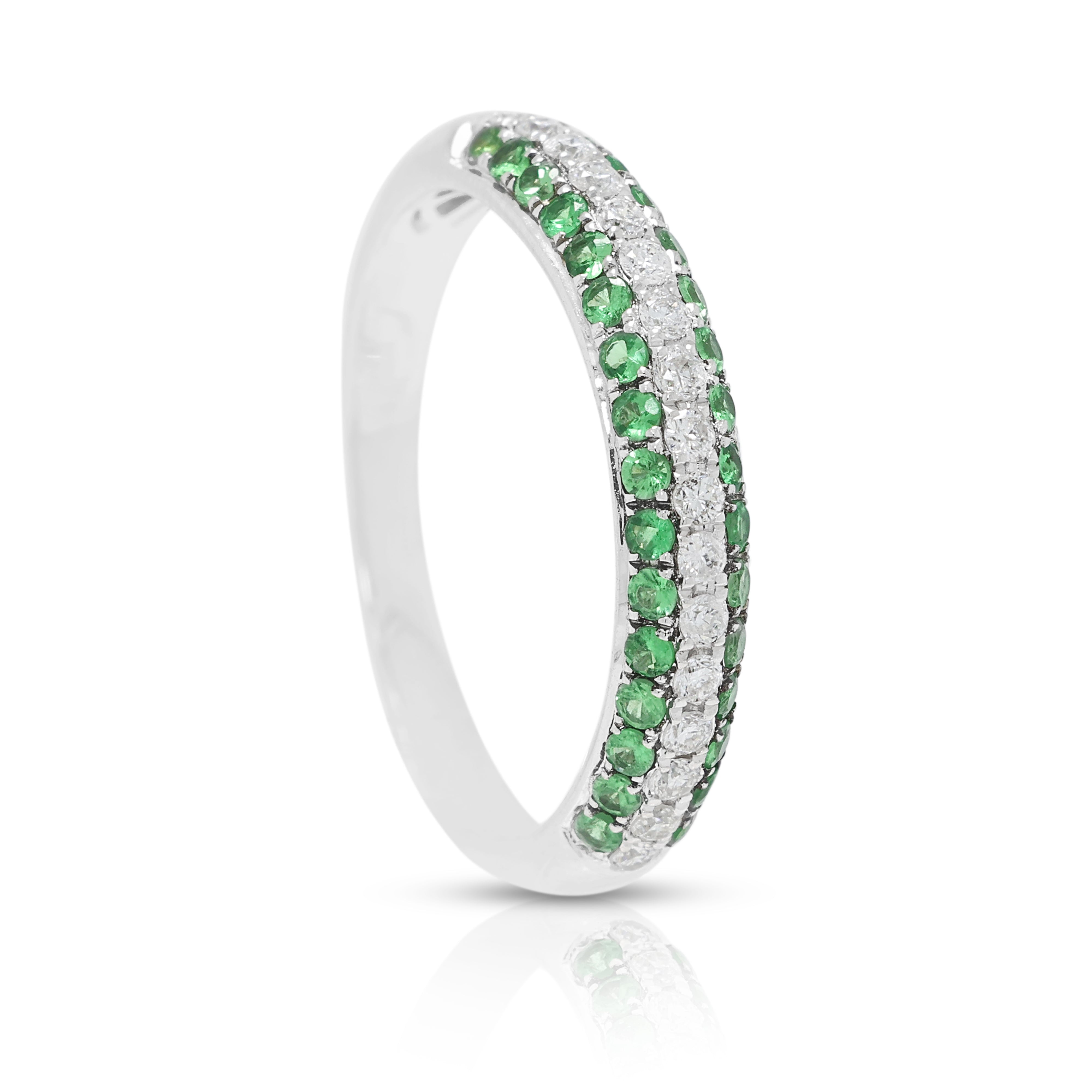 Captivating 0.17ct Natural Diamond and 0.25ct Tsavorite Garnet Three-Row Ring in 18K White Gold