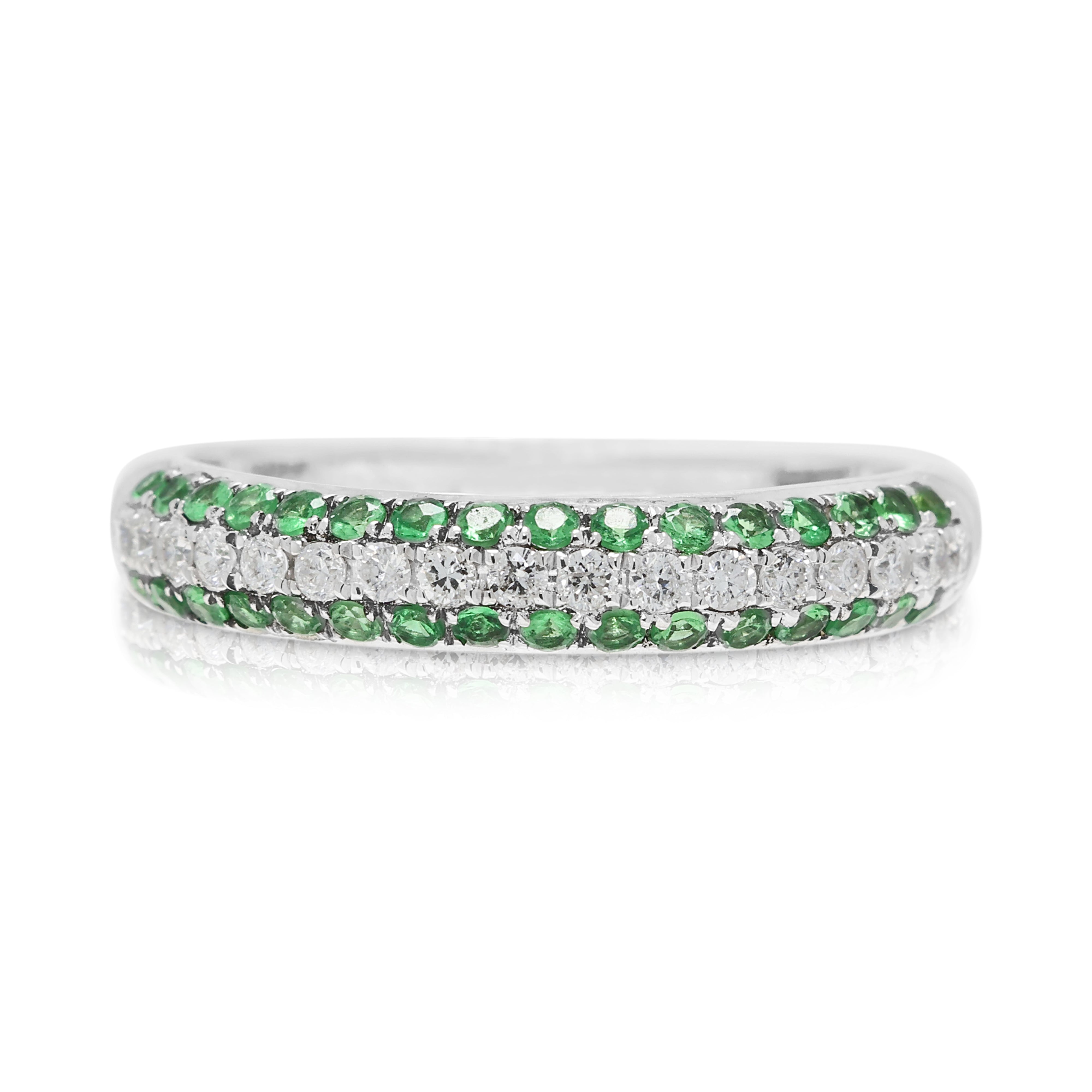 Captivating 0.17ct Natural Diamond and 0.25ct Tsavorite Garnet Three-Row Ring in 18K White Gold