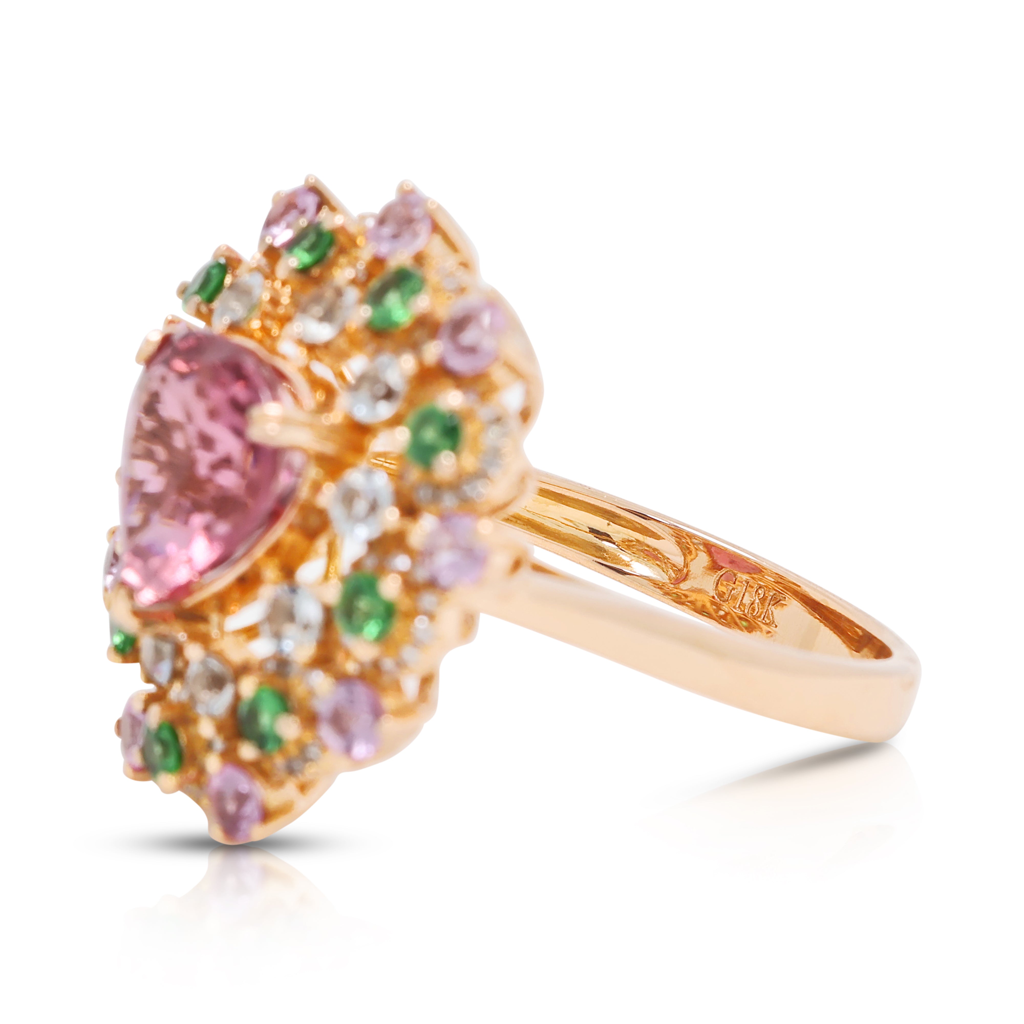 Breathtaking 1.80ct Tourmaline, 0.54ct Sapphire, 0.18ct Tsavorite Garnet and 0.19ct Natural Diamond Heart Cluster Ring in 18K Rose Gold