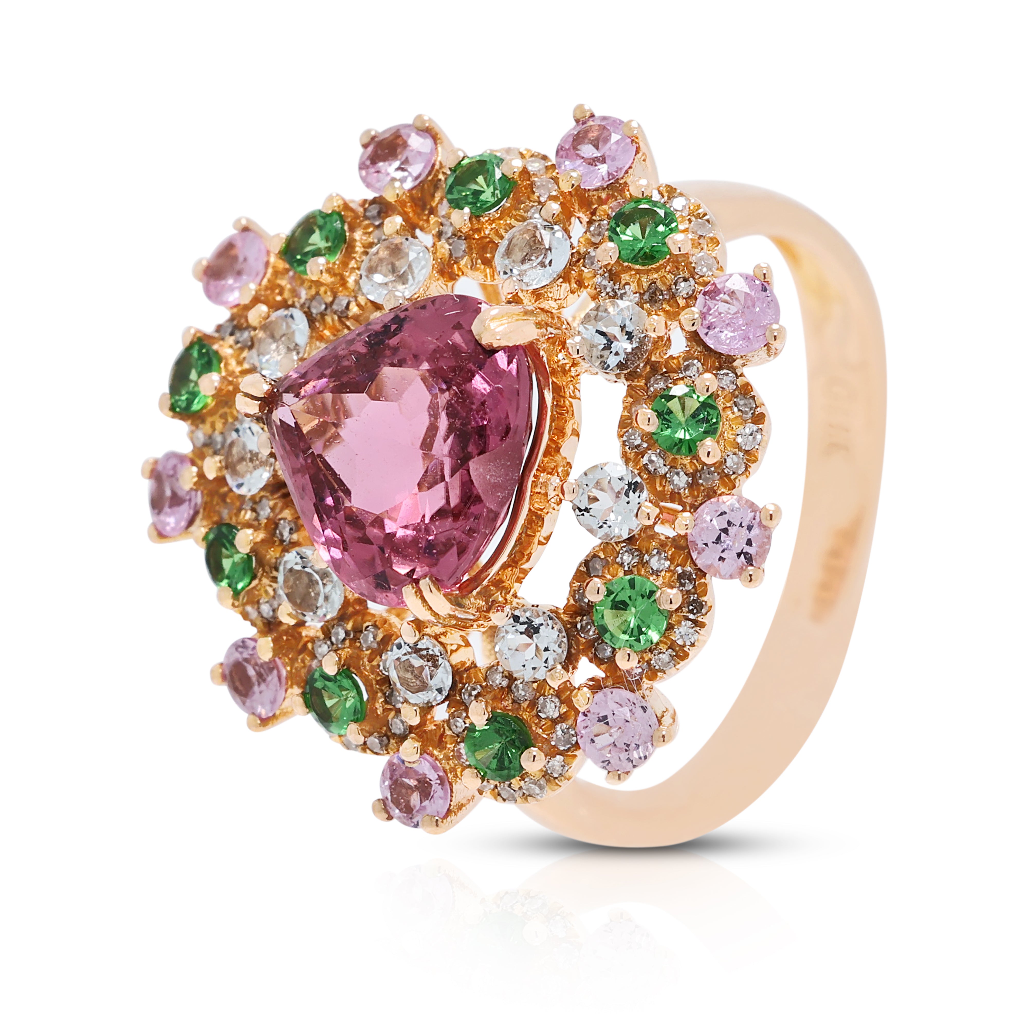 Breathtaking 1.80ct Tourmaline, 0.54ct Sapphire, 0.18ct Tsavorite Garnet and 0.19ct Natural Diamond Heart Cluster Ring in 18K Rose Gold