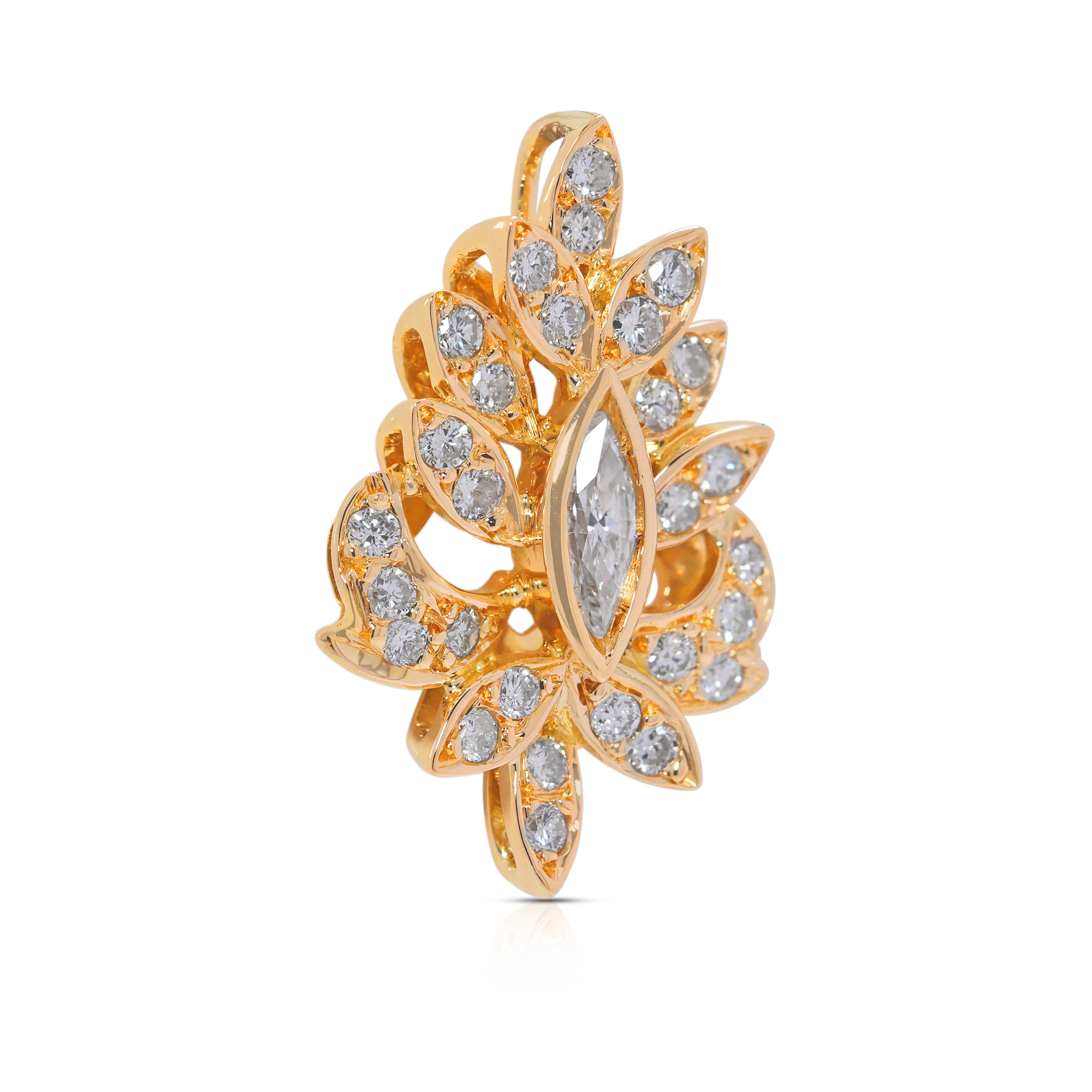 Ornate 0.91ct Leaf-Motif Natural Diamond Pendant in 18K Yellow Gold