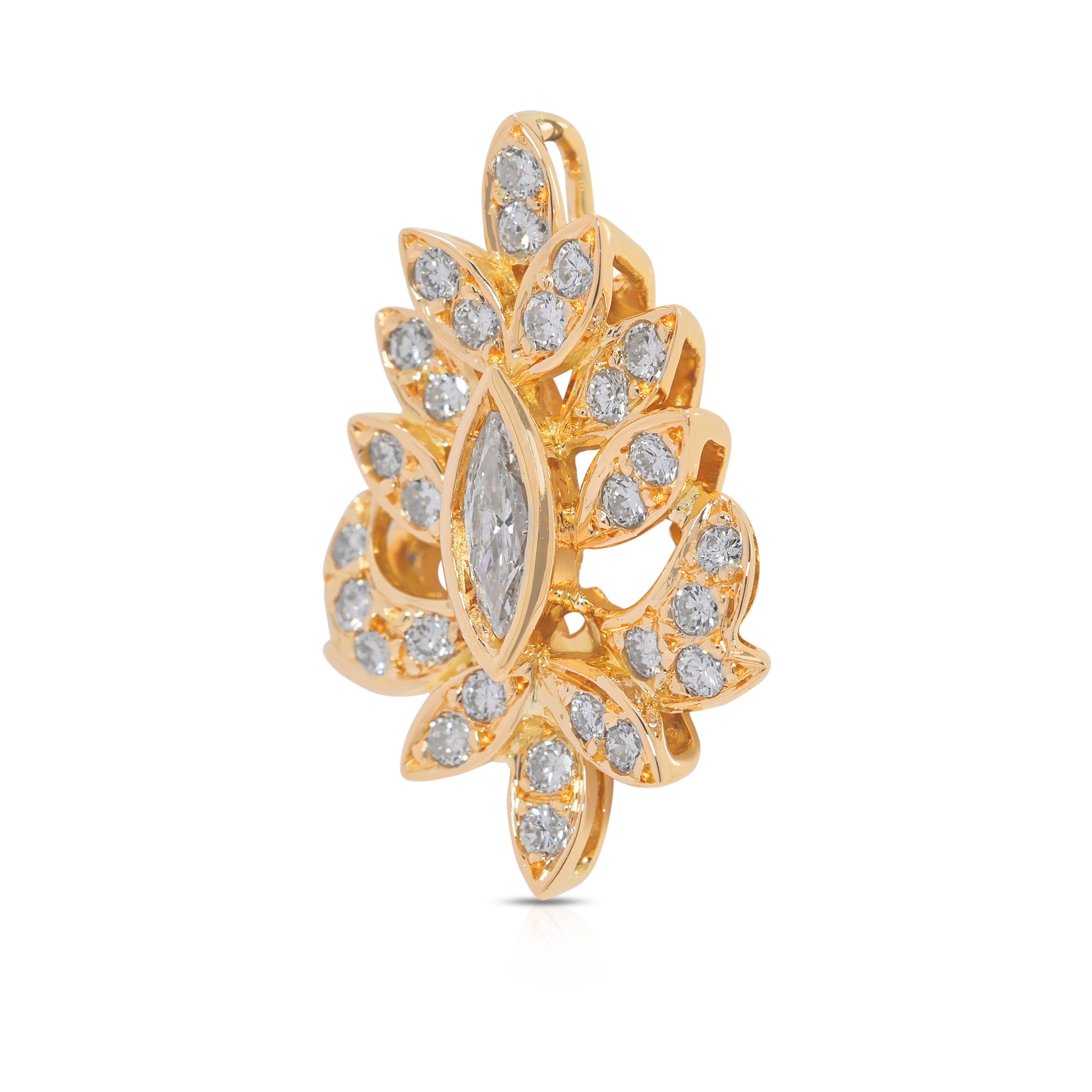 Ornate 0.91ct Leaf-Motif Natural Diamond Pendant in 18K Yellow Gold