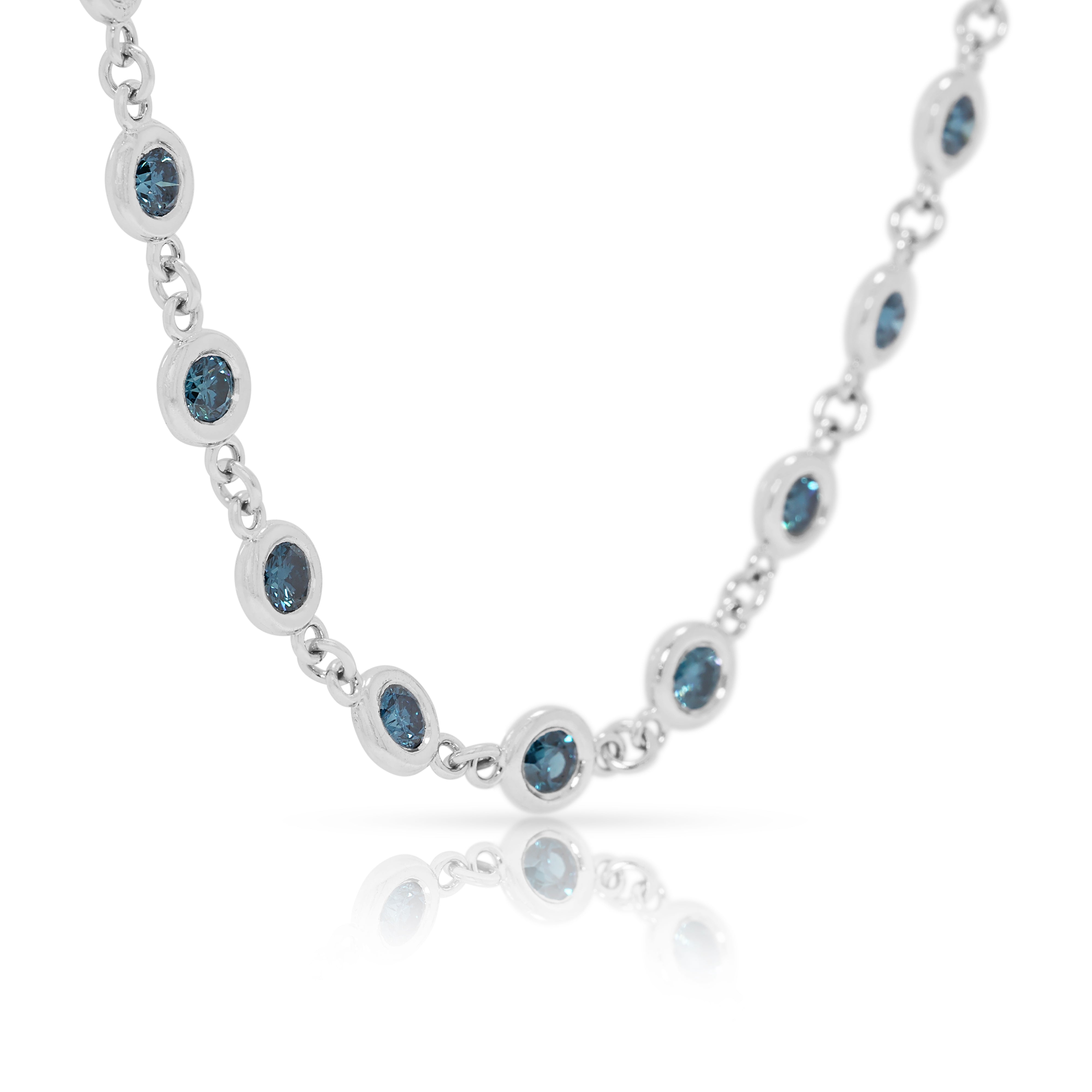 Vibrant 2.32ct Blue Natural Diamond Bezel Station Necklace in 14K White Gold