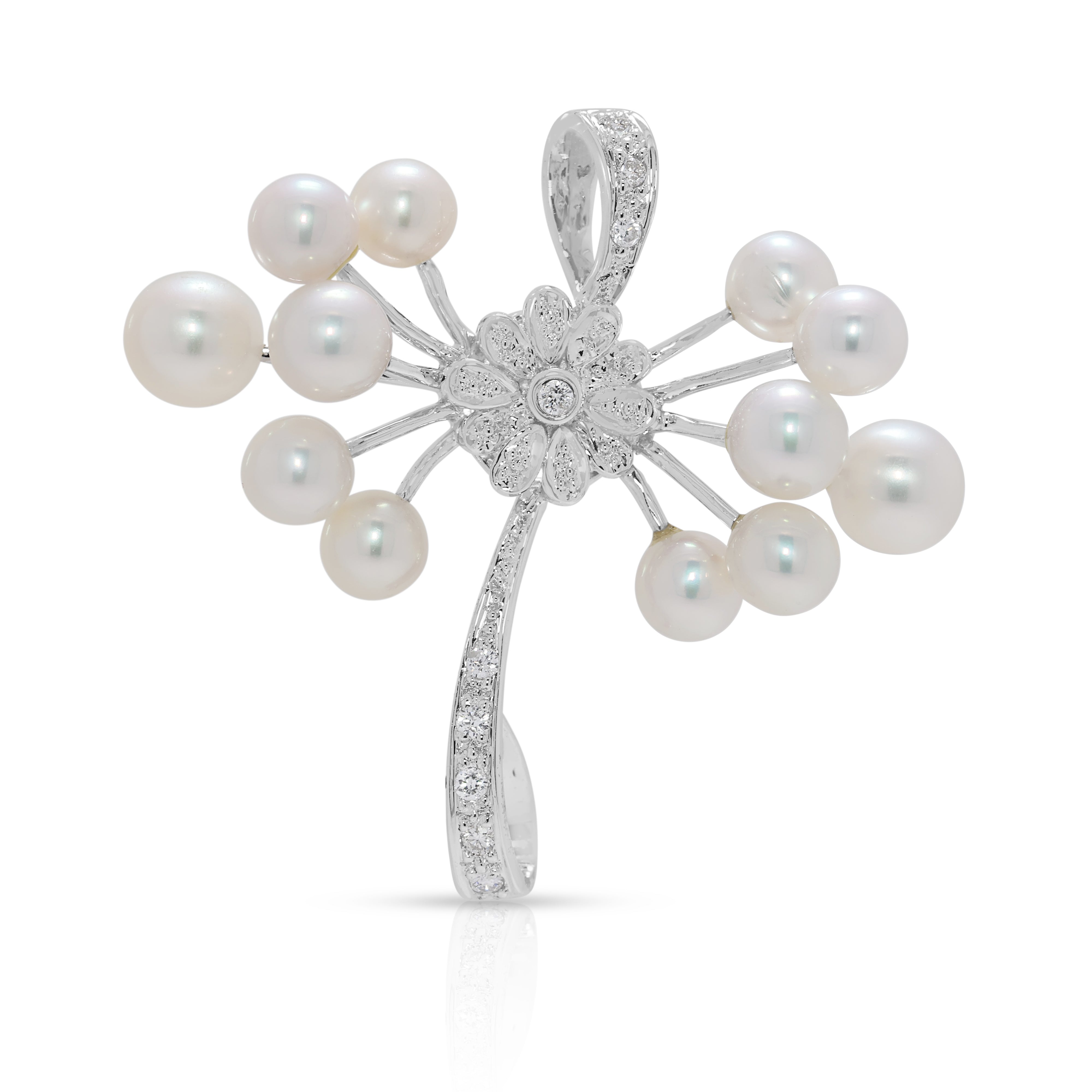 Whimsical 0.09ct Natural Diamond & Akoya Pearl 18K White Gold Pendant (New)