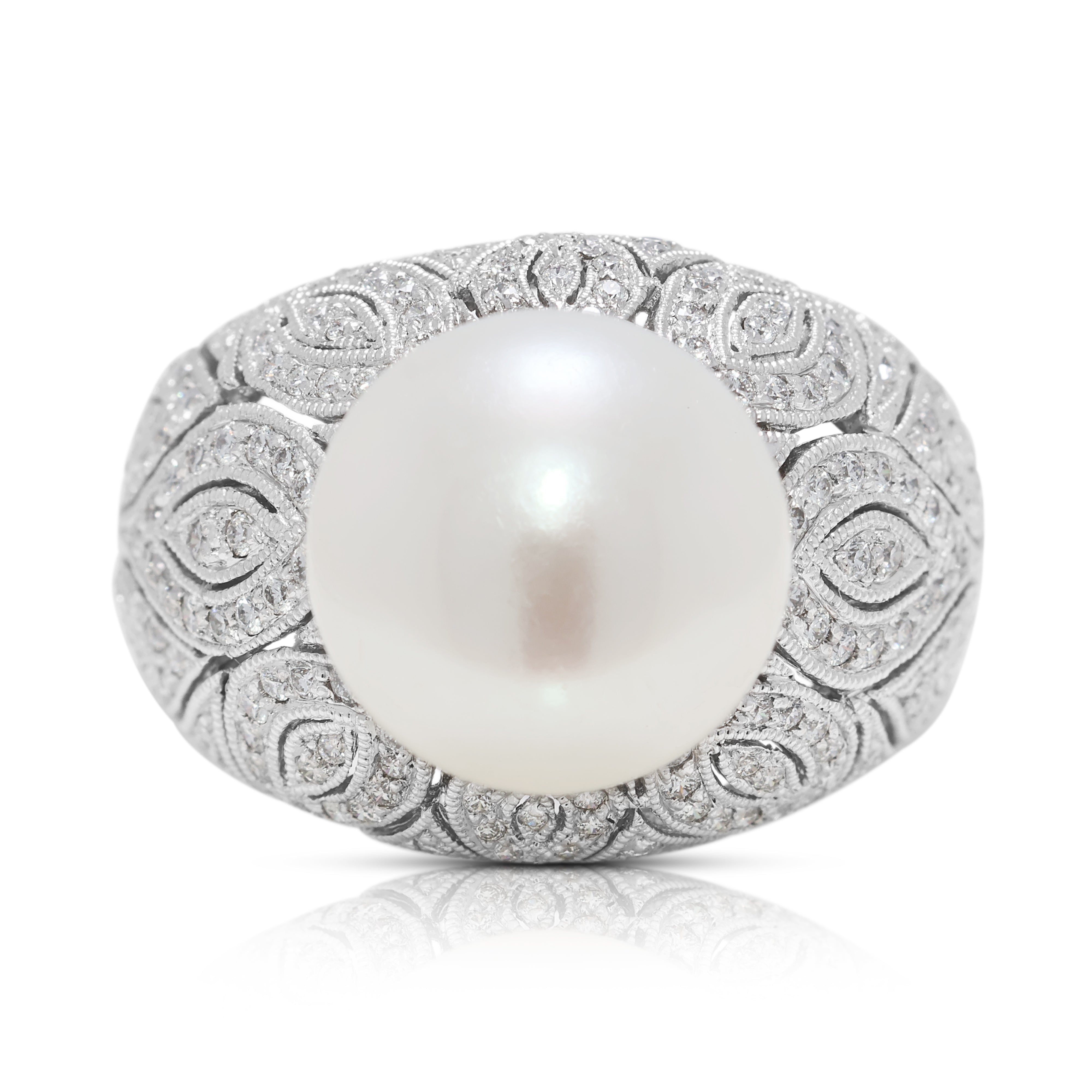 Luminous 11.6mm White Pearl & 0.36ct Natural Diamond Cocktail Ring in 18K White Gold