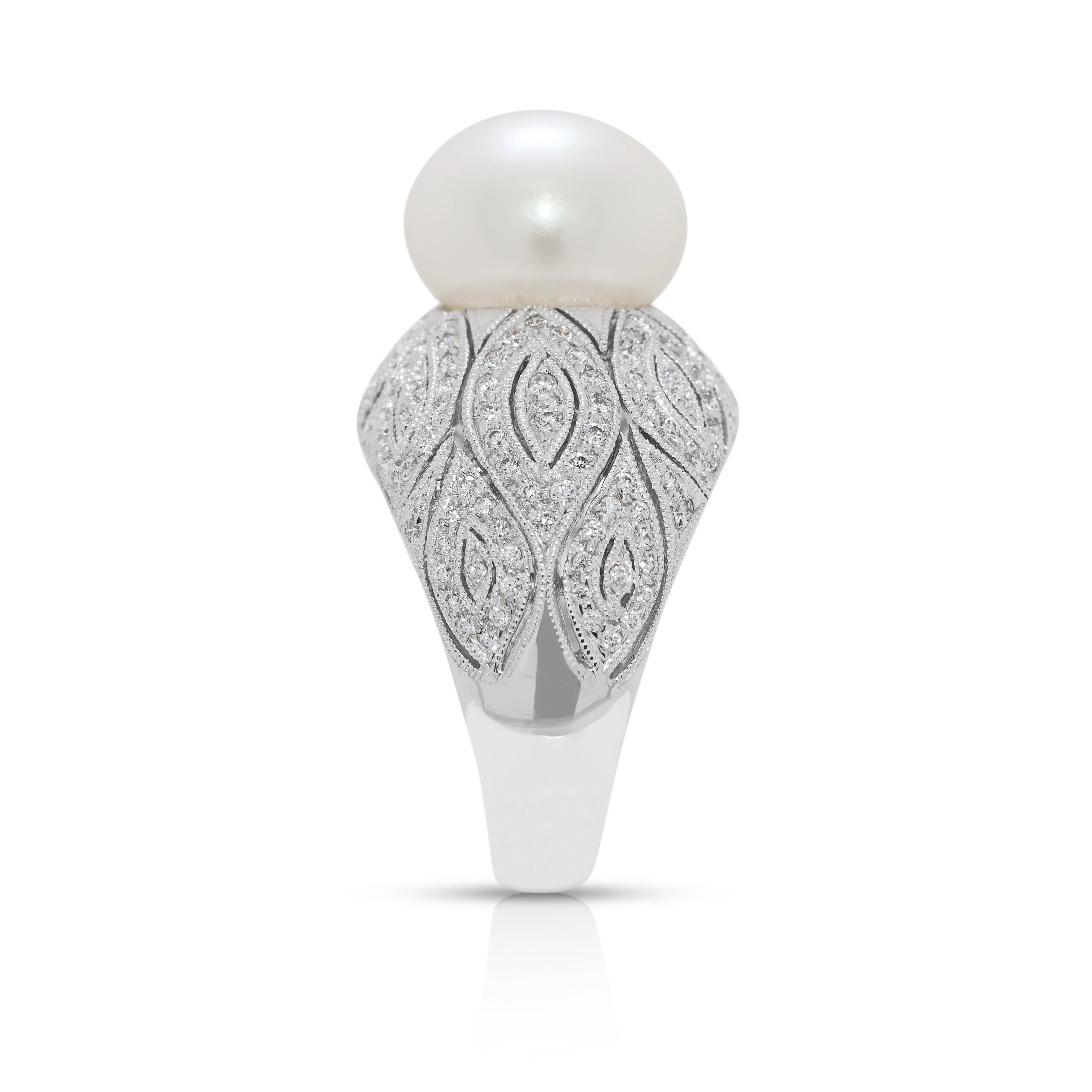 Luminous 11.6mm White Pearl & 0.36ct Natural Diamond Cocktail Ring in 18K White Gold