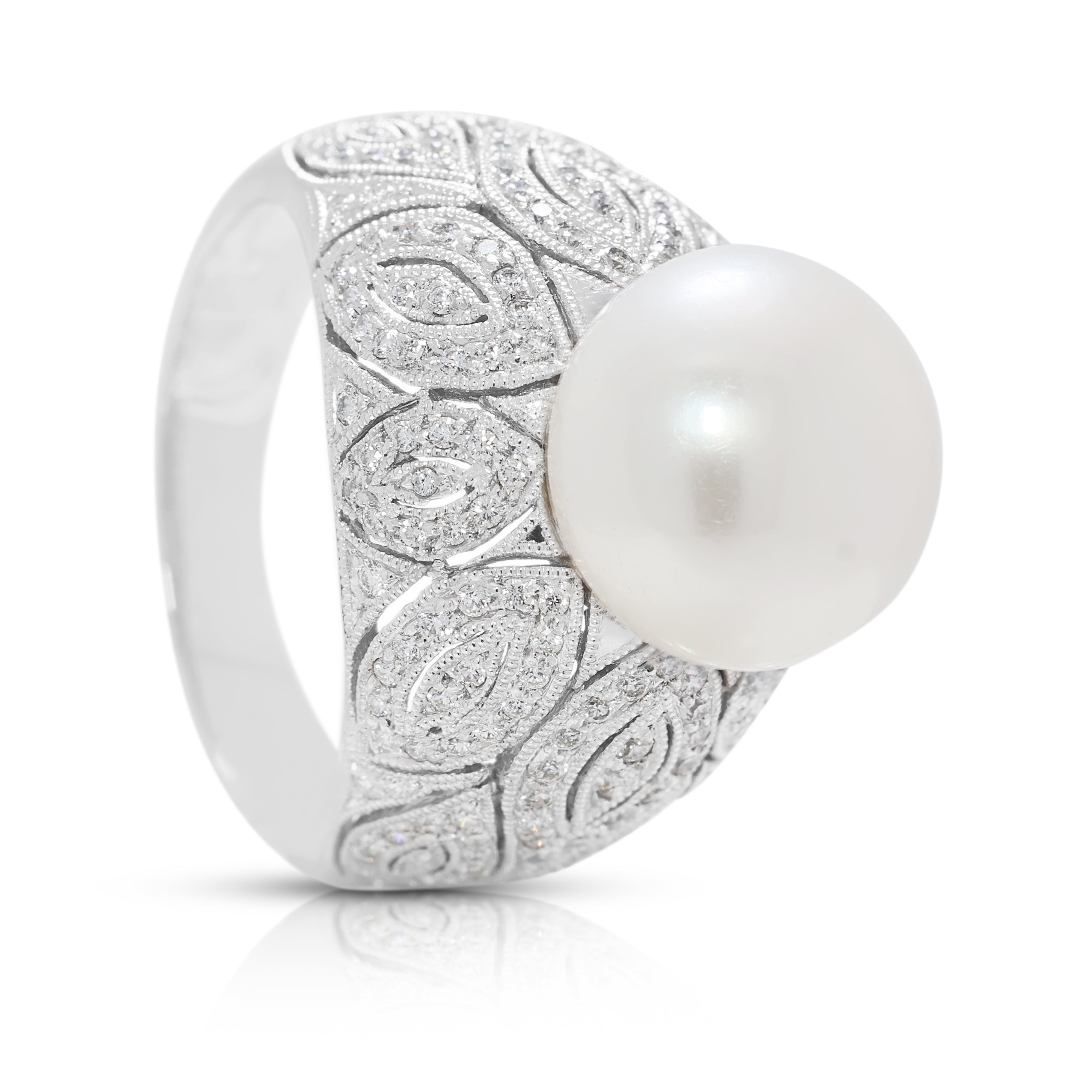 Luminous 11.6mm White Pearl & 0.36ct Natural Diamond Cocktail Ring in 18K White Gold
