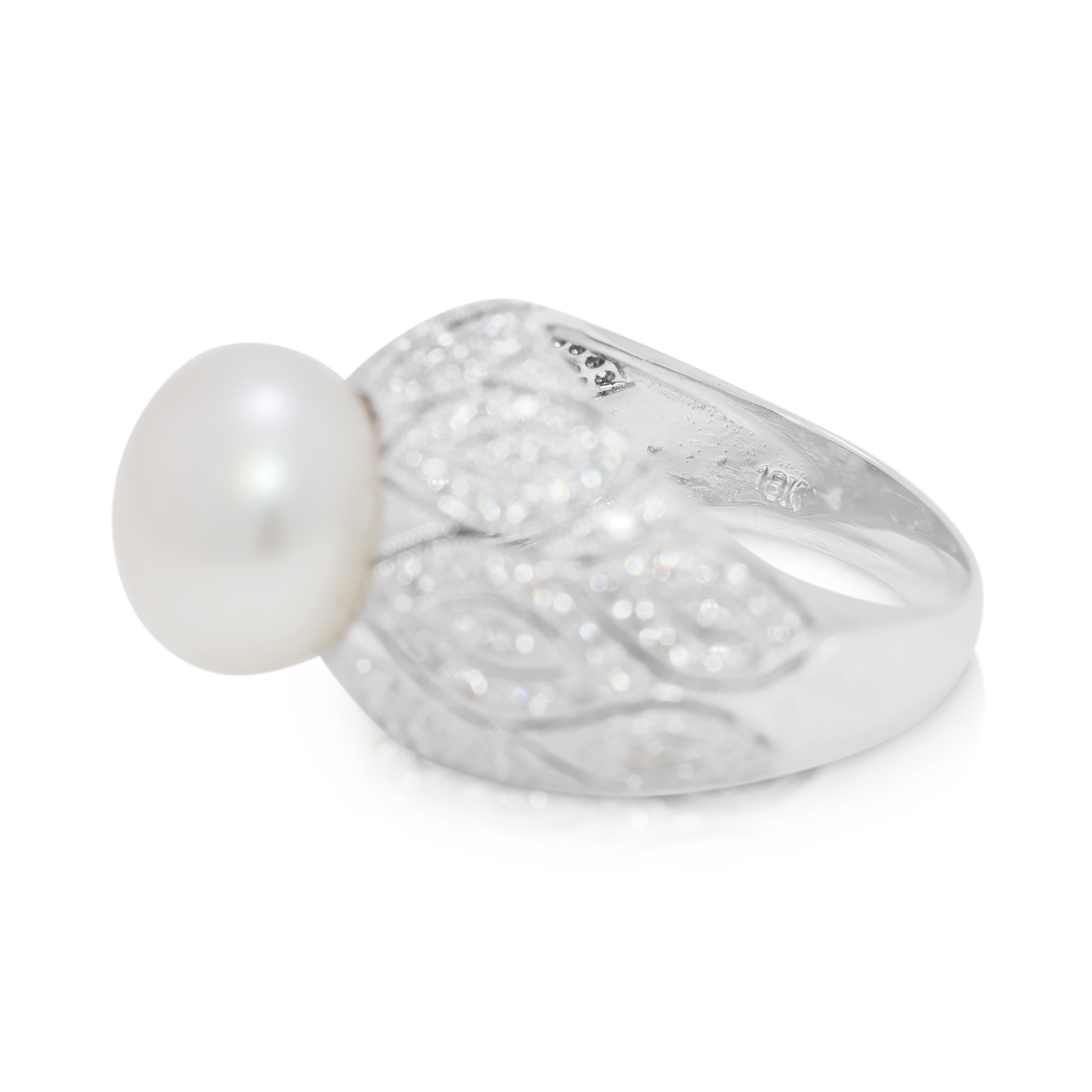 Luminous 11.6mm White Pearl & 0.36ct Natural Diamond Cocktail Ring in 18K White Gold