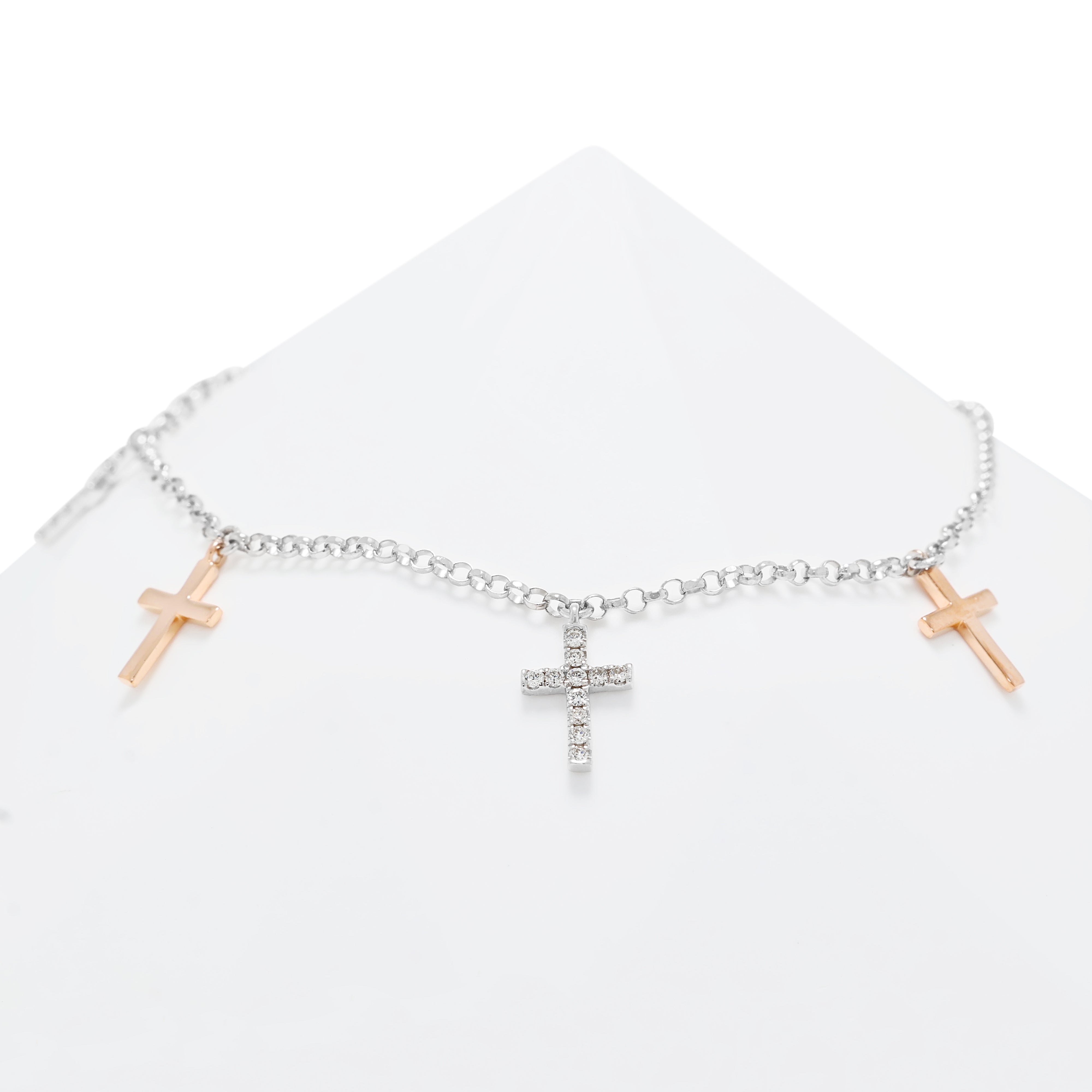 Exquisite 0.22ct Natural Diamond Cross Charm Bracelet in 14K Two-Tone Gold