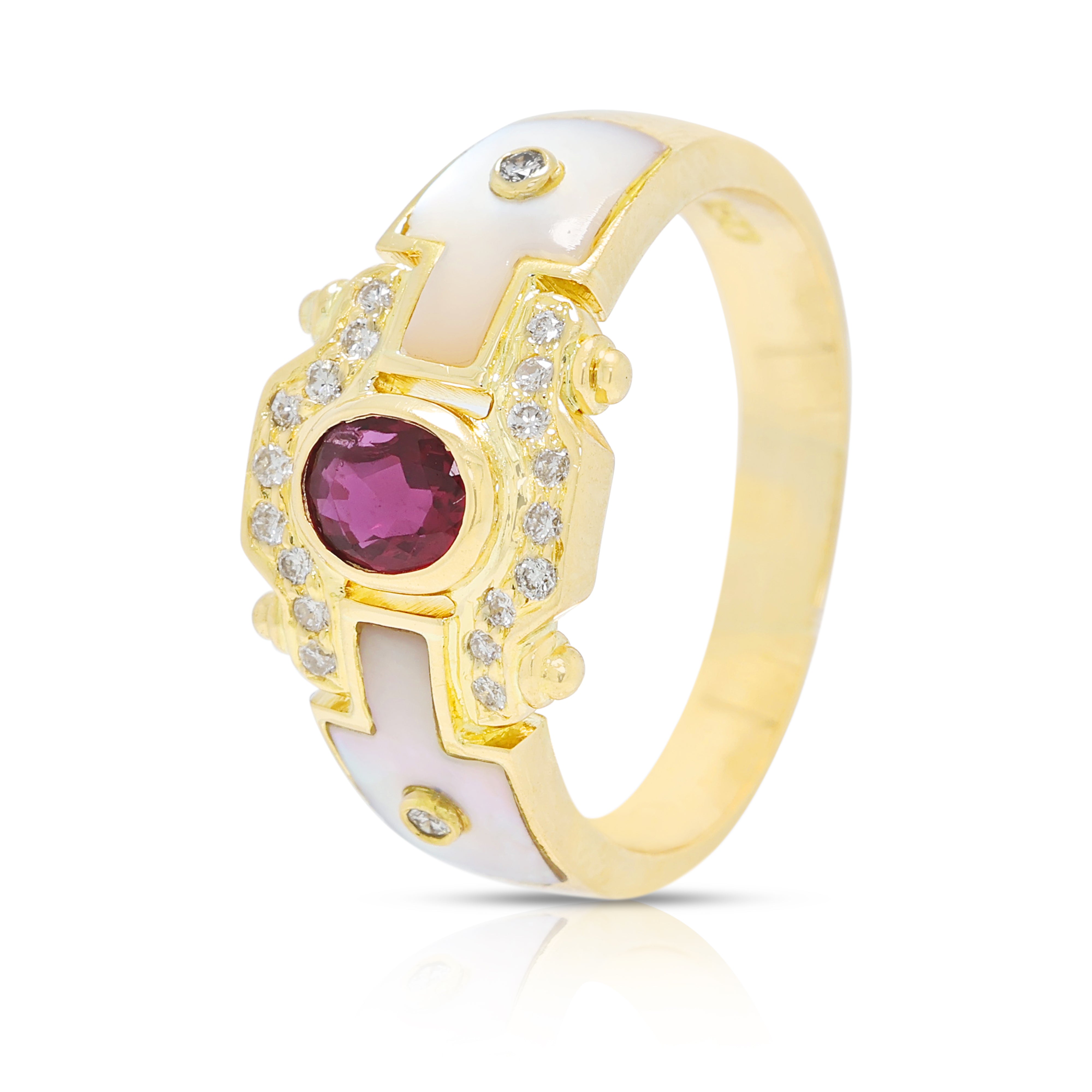 Gorgeous 0.21ct Ruby, 0.20ct Natural Diamond and Mother of Pearl Ring in 18K Yellow Gold