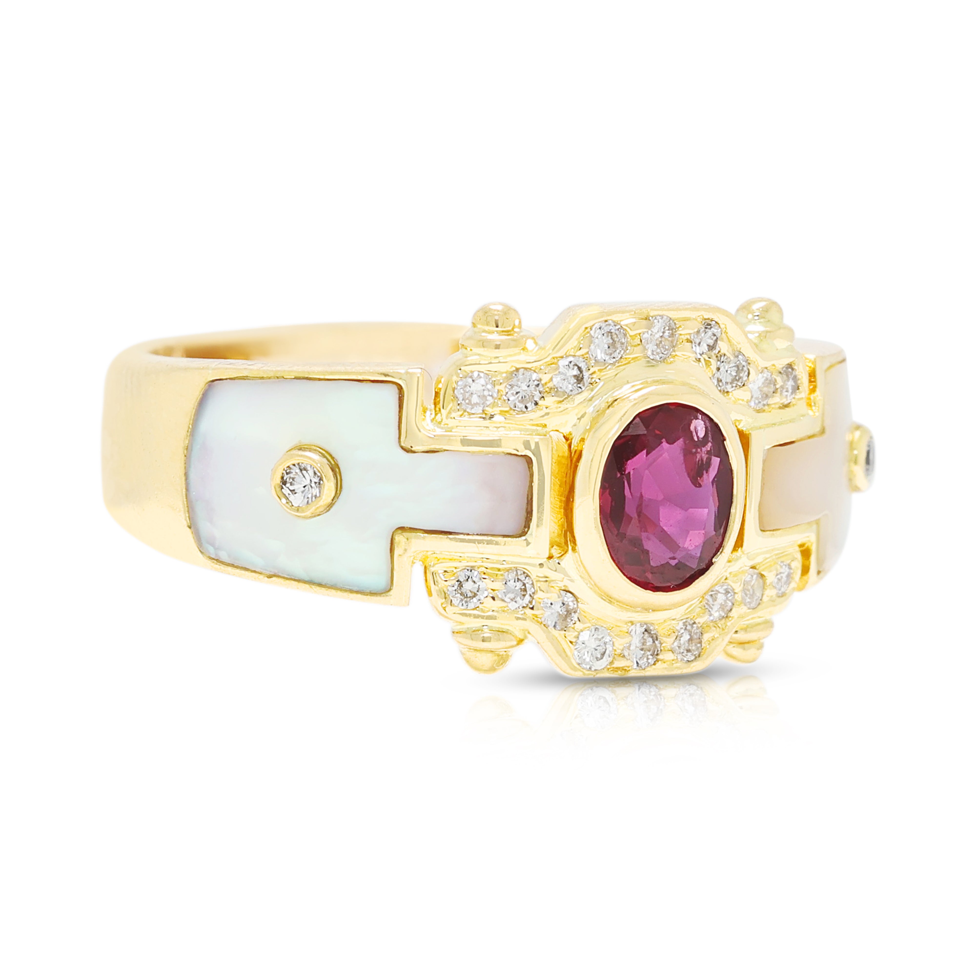 Gorgeous 0.21ct Ruby, 0.20ct Natural Diamond and Mother of Pearl Ring in 18K Yellow Gold