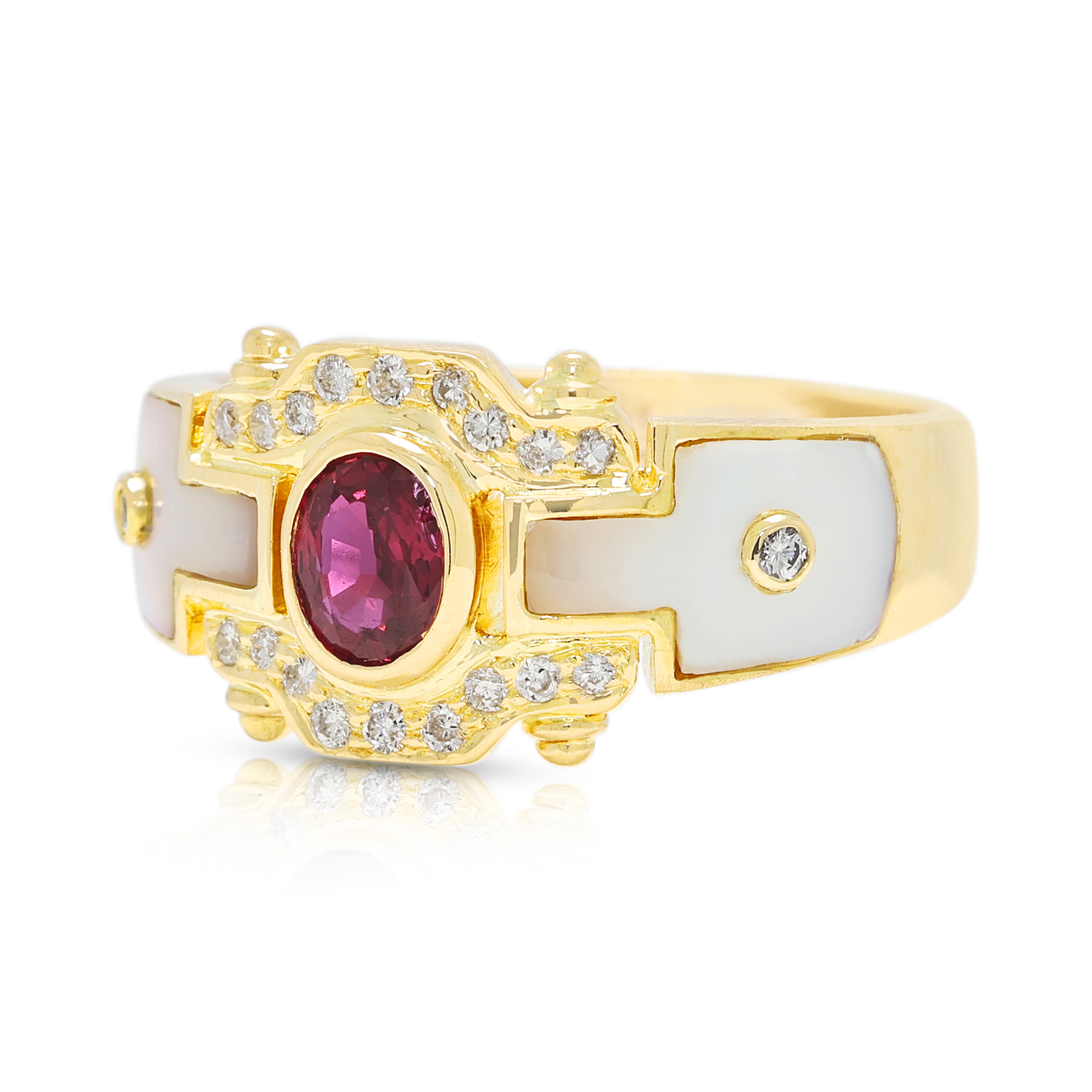 Gorgeous 0.21ct Ruby, 0.20ct Natural Diamond and Mother of Pearl Ring in 18K Yellow Gold