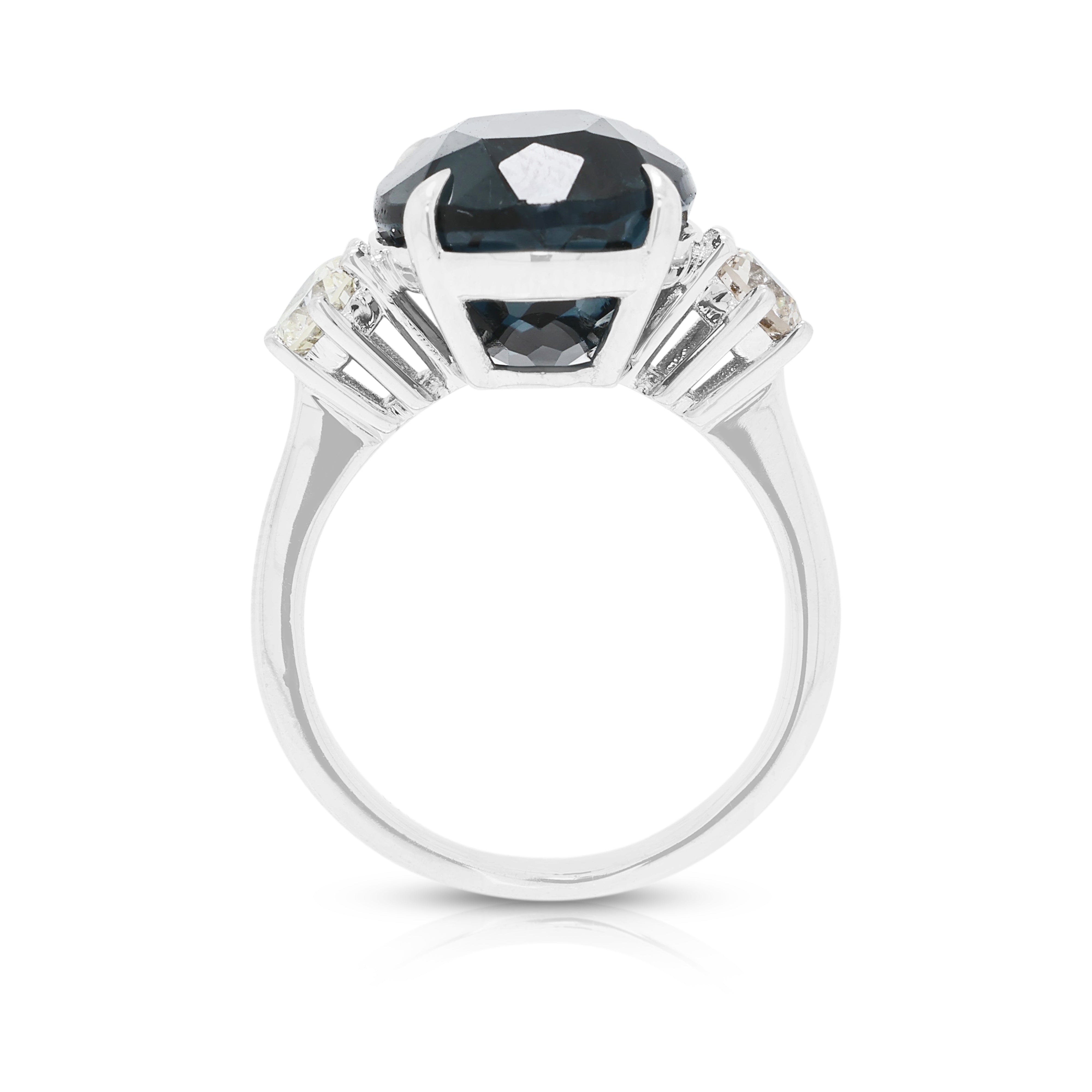 Striking 6.00ct Blue Topaz and 0.36ct Natural Diamond Three-Stone Ring in 18K White Gold