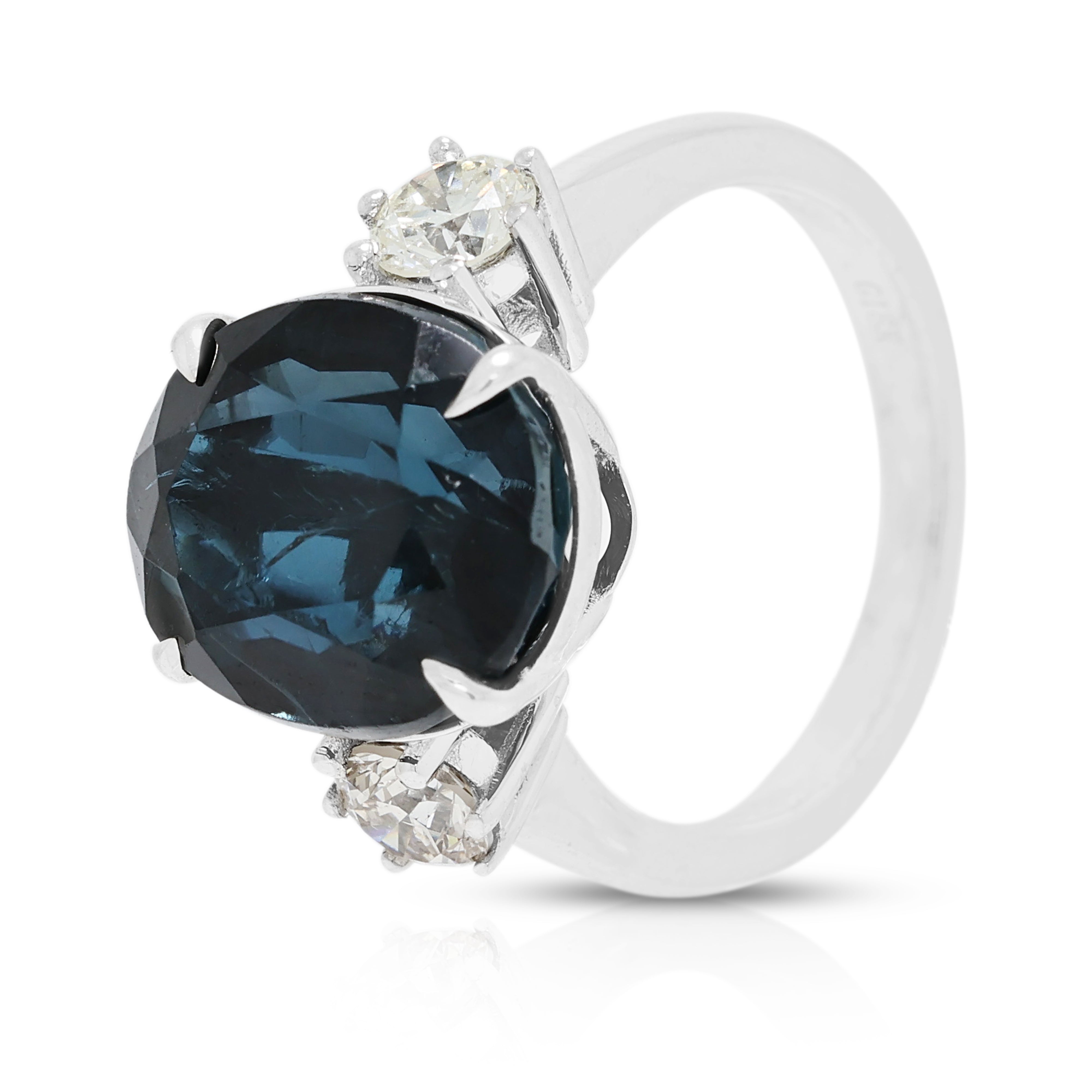 Striking 6.00ct Blue Topaz and 0.36ct Natural Diamond Three-Stone Ring in 18K White Gold