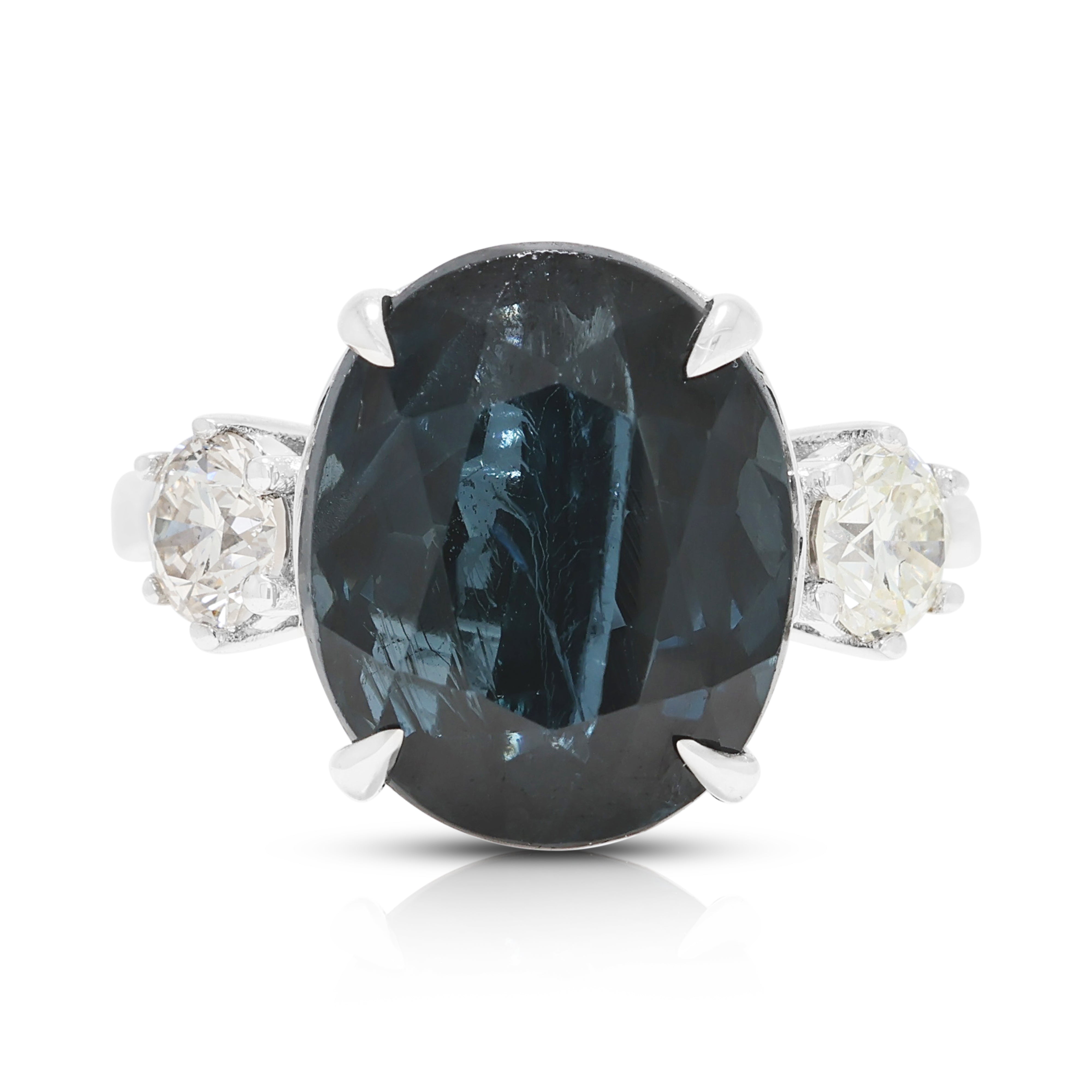 Striking 6.00ct Blue Topaz and 0.36ct Natural Diamond Three-Stone Ring in 18K White Gold