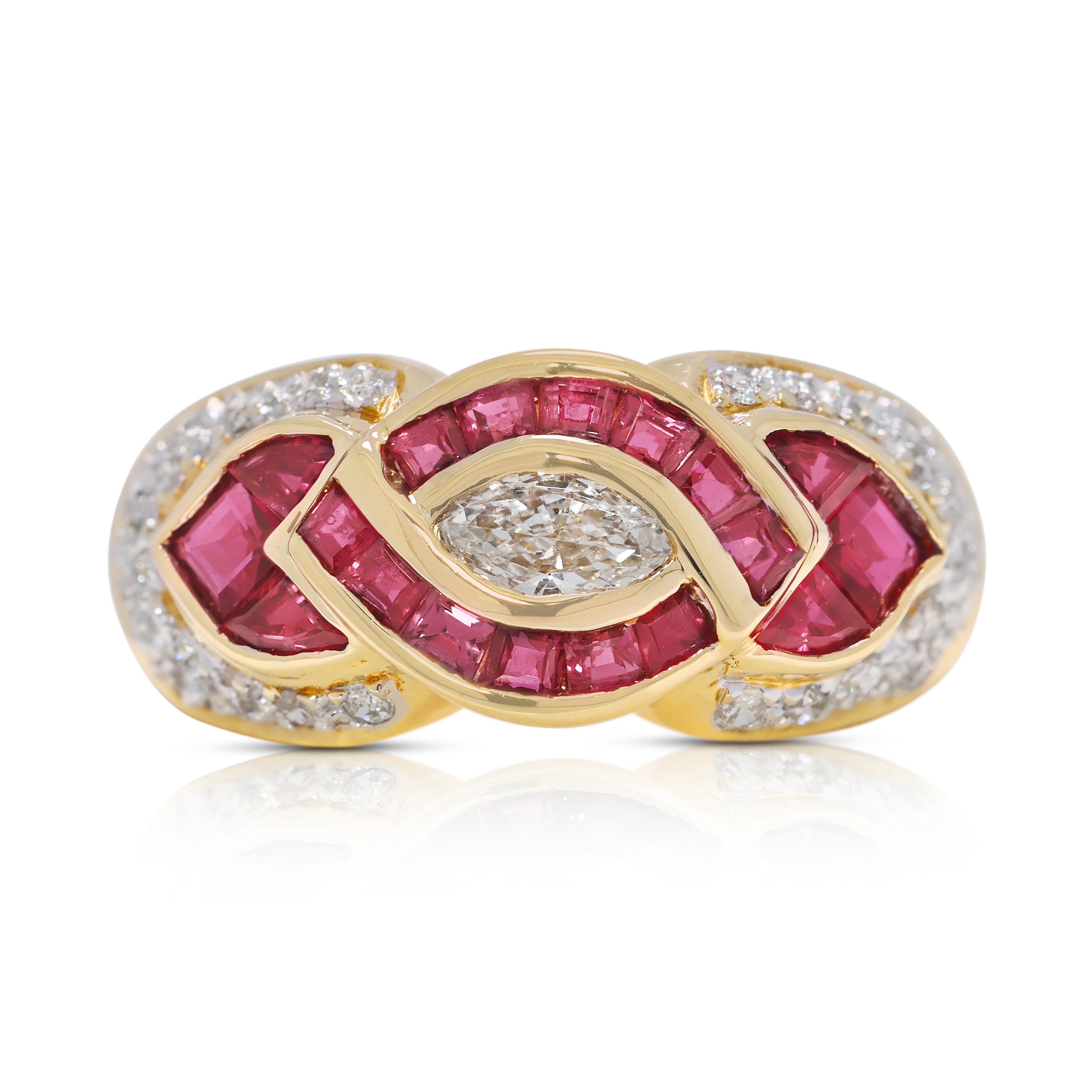 Intricate 0.7ct Infinity-Style Ruby & Natural Diamond Ring in 18K Yellow Gold by Larry Jewellery
