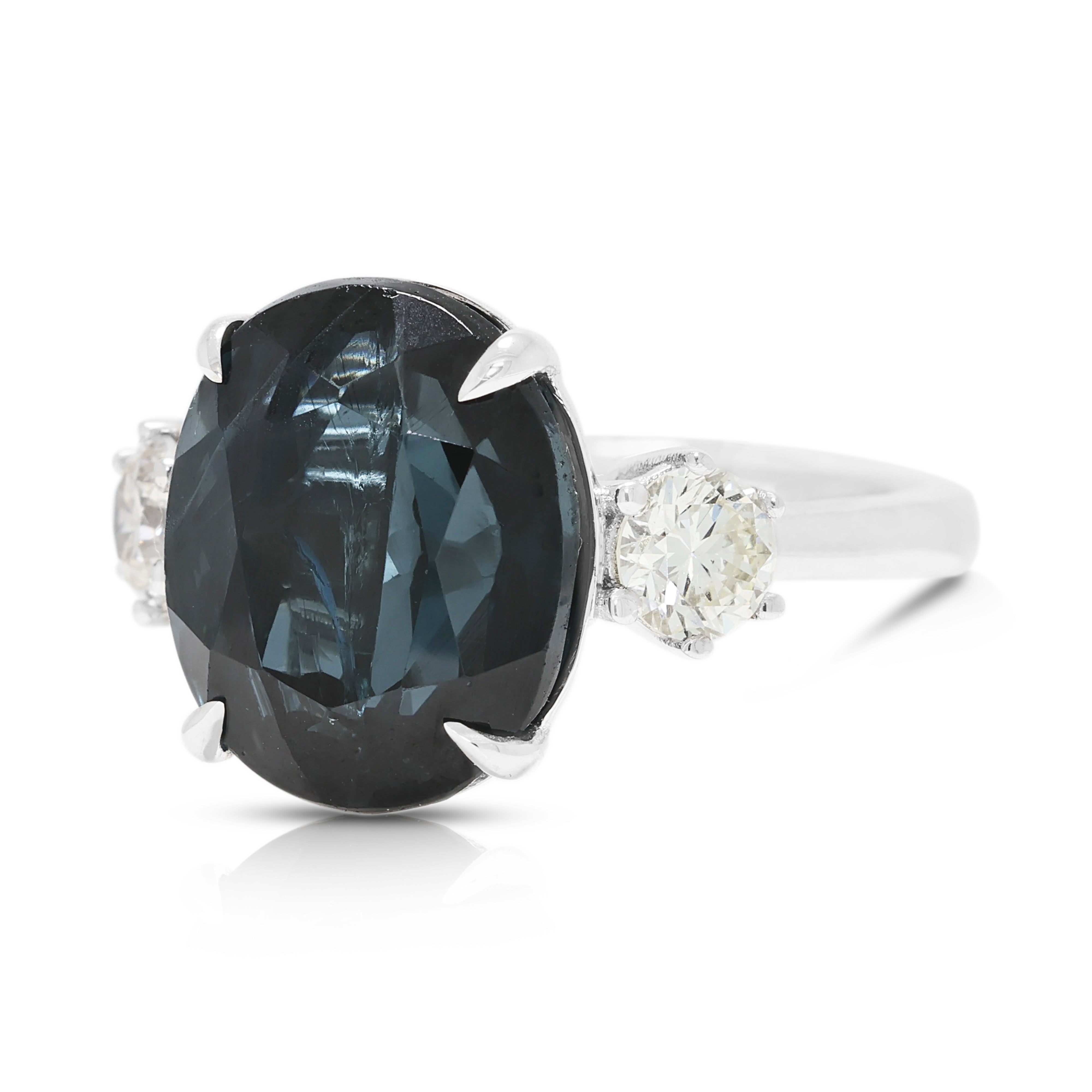 Striking 6.00ct Blue Topaz and 0.36ct Natural Diamond Three-Stone Ring in 18K White Gold