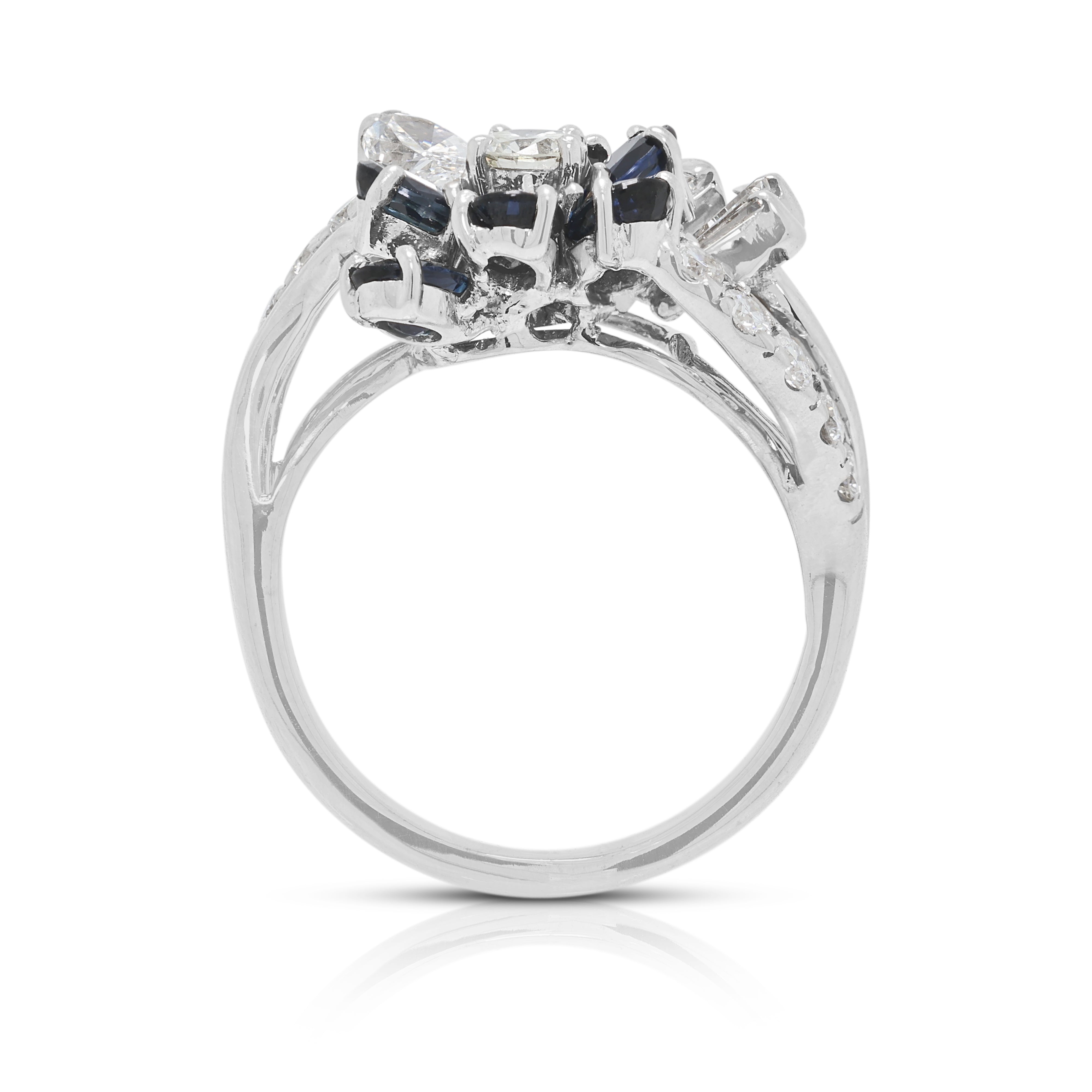 Opulent 0.66ct Sapphire and 0.62ct Natural Diamond Spray Ring in 18K White Gold