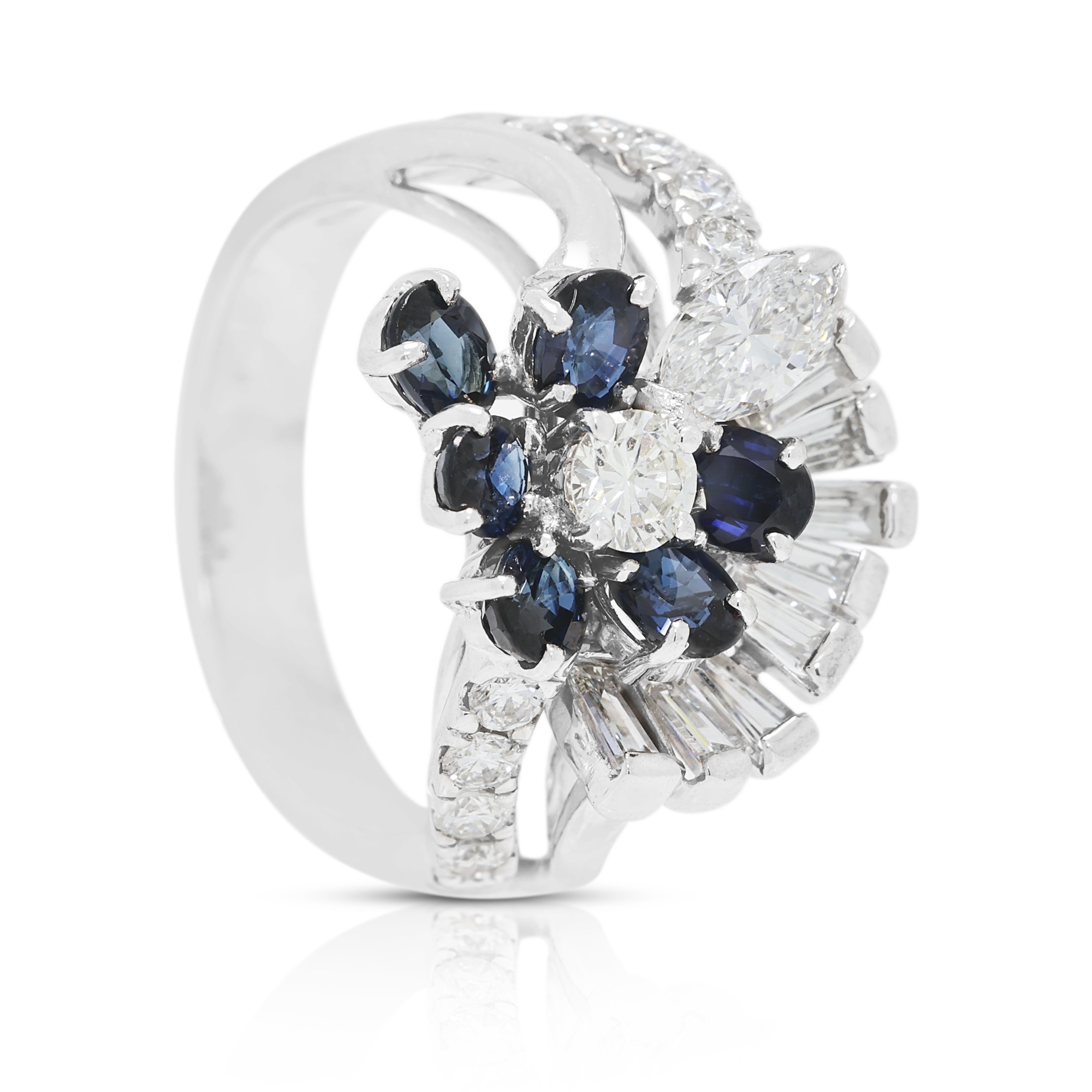 Opulent 0.66ct Sapphire and 0.62ct Natural Diamond Spray Ring in 18K White Gold