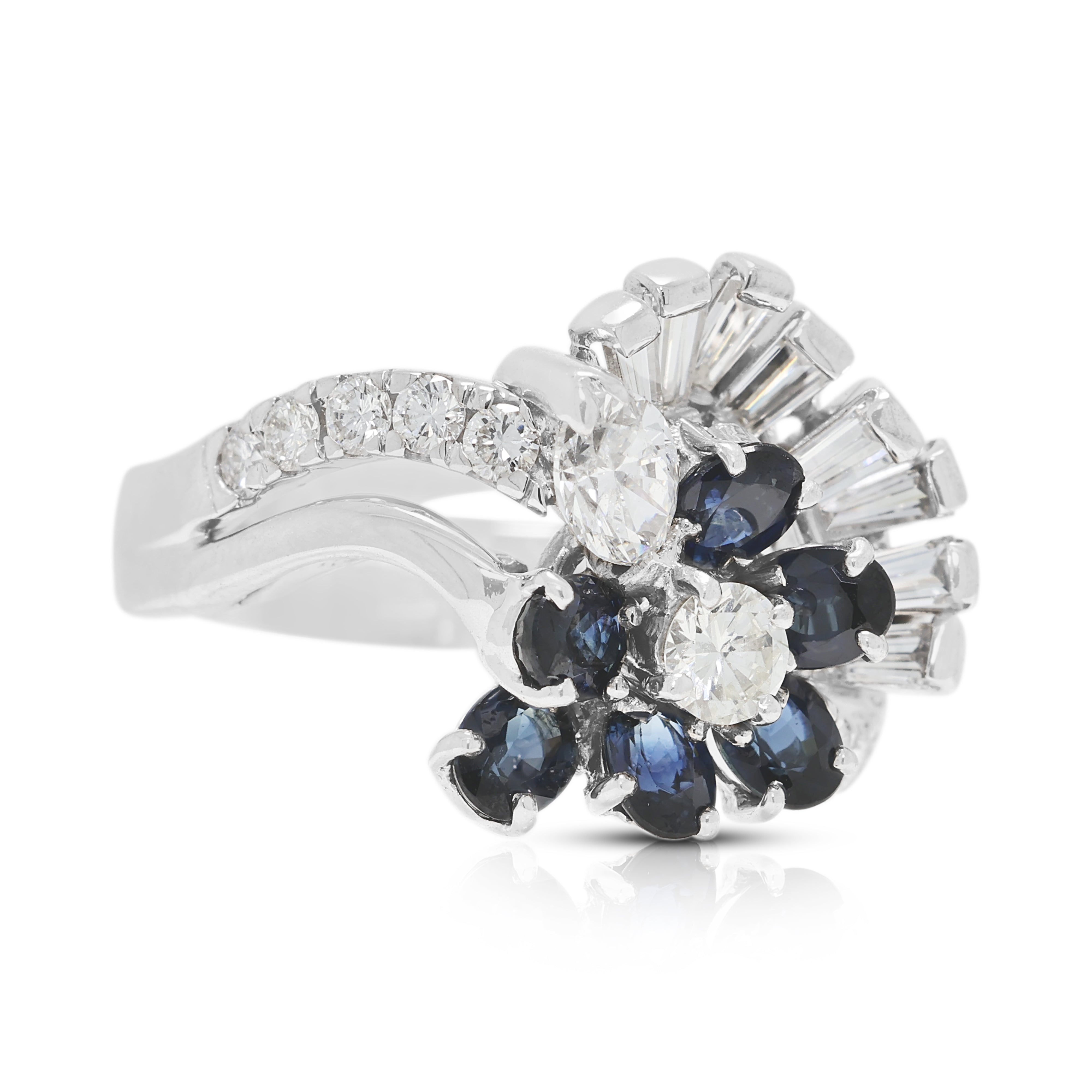 Opulent 0.66ct Sapphire and 0.62ct Natural Diamond Spray Ring in 18K White Gold