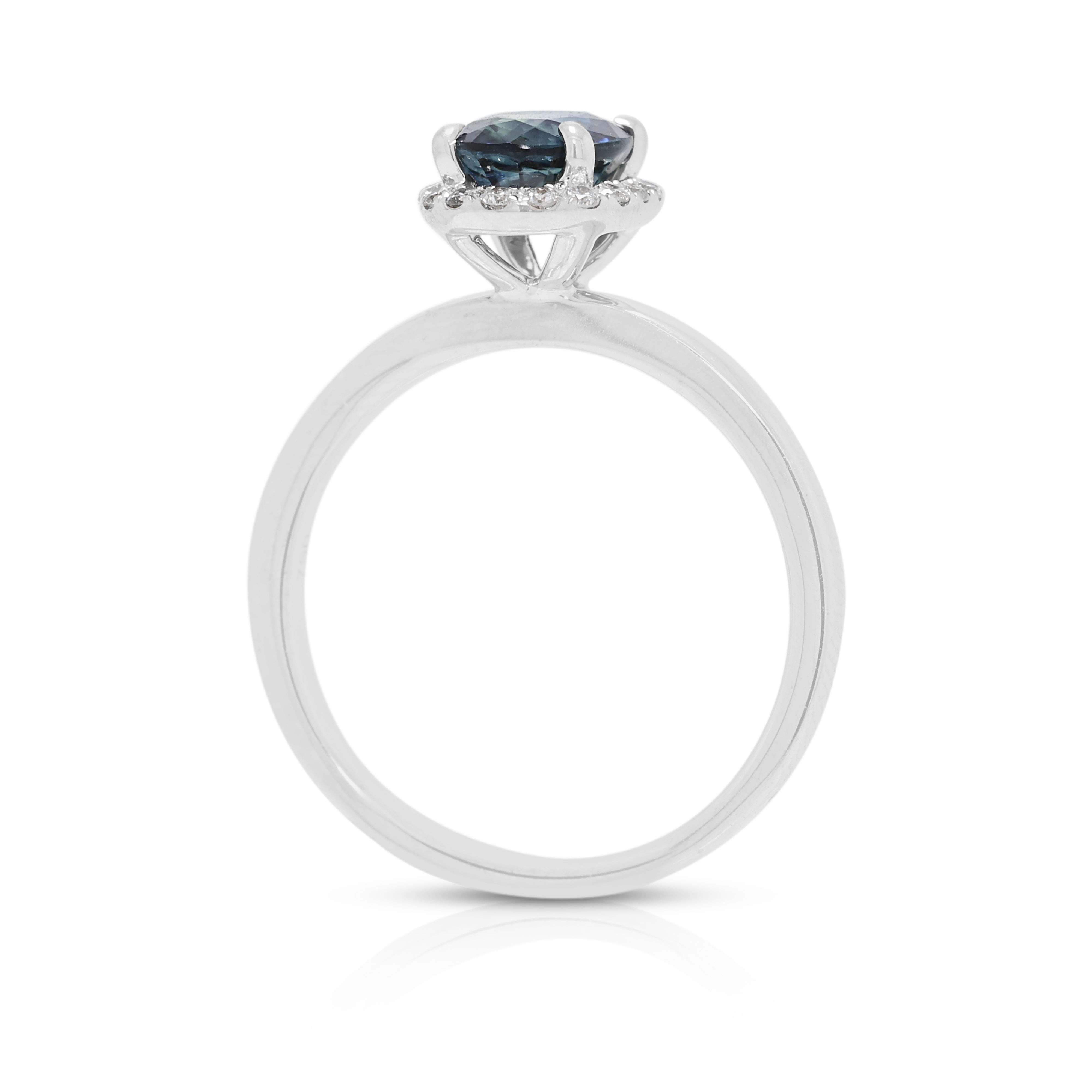 Mesmerizing 1.04ct Greenish Blue Sapphire and 0.09ct Natural Diamond Halo Ring in 18K White Gold - ICL Certified