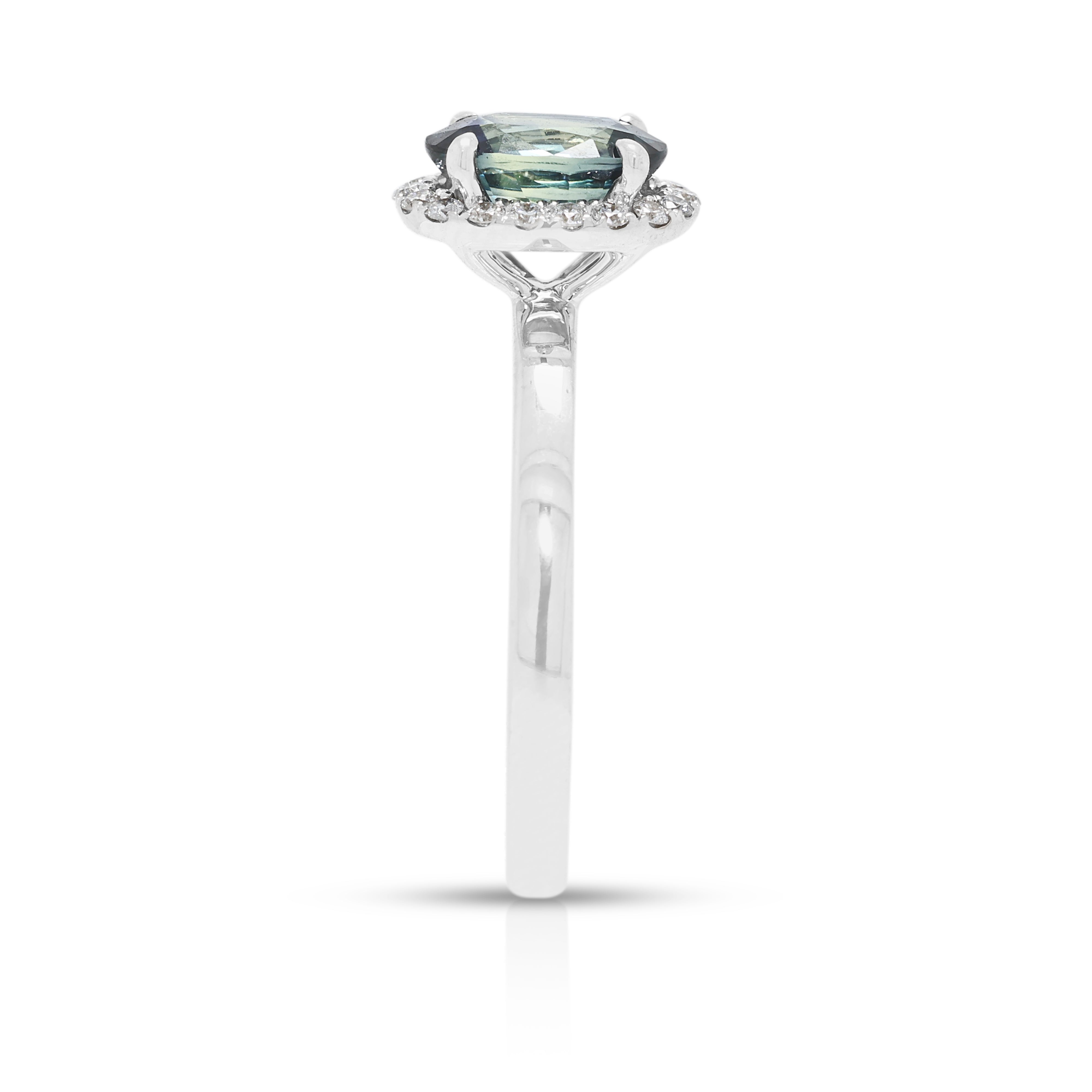 Mesmerizing 1.04ct Greenish Blue Sapphire and 0.09ct Natural Diamond Halo Ring in 18K White Gold - ICL Certified