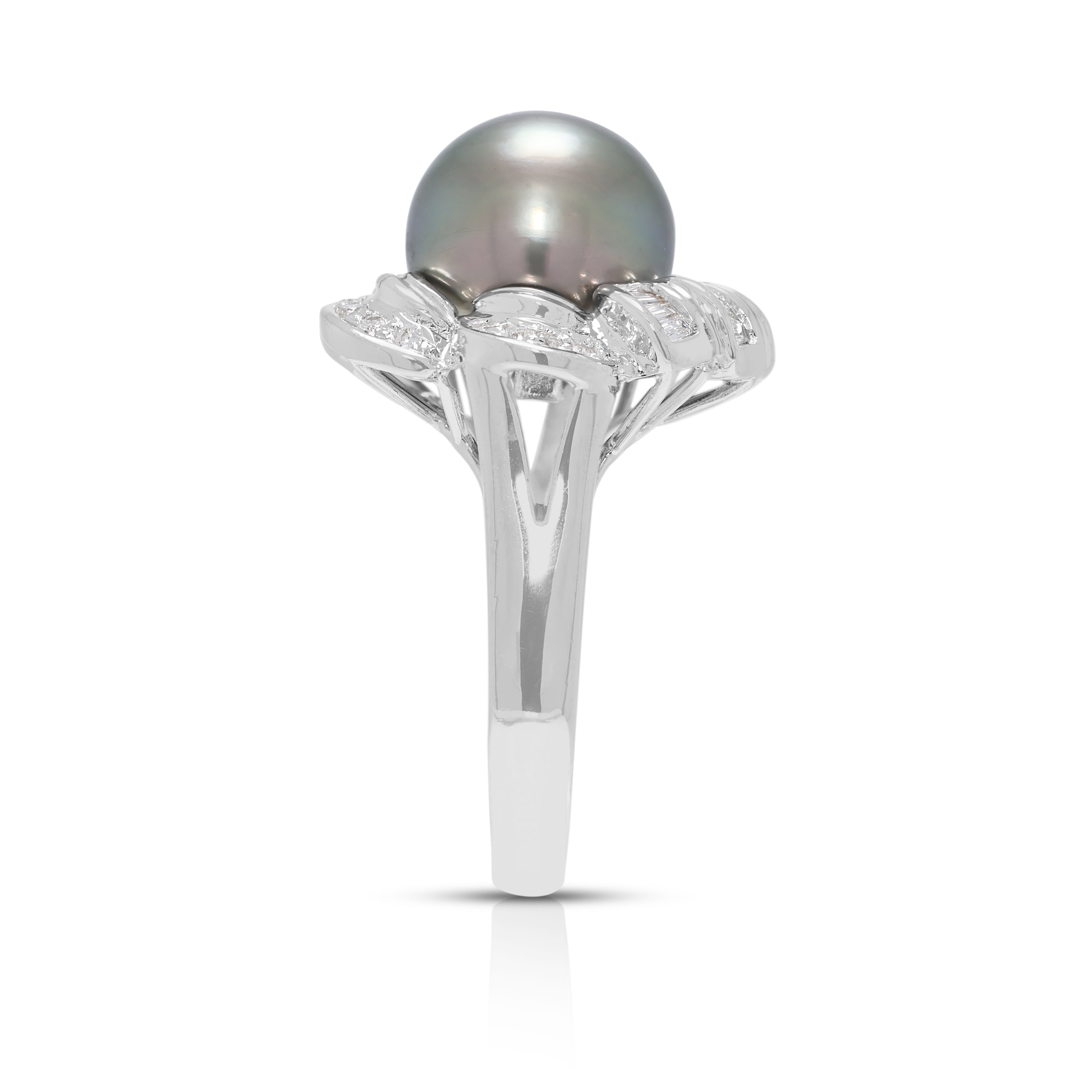 Floral-Inspired Tahitian Pearl & 0.43ct Natural Diamond Ring in 18K White Gold (New)