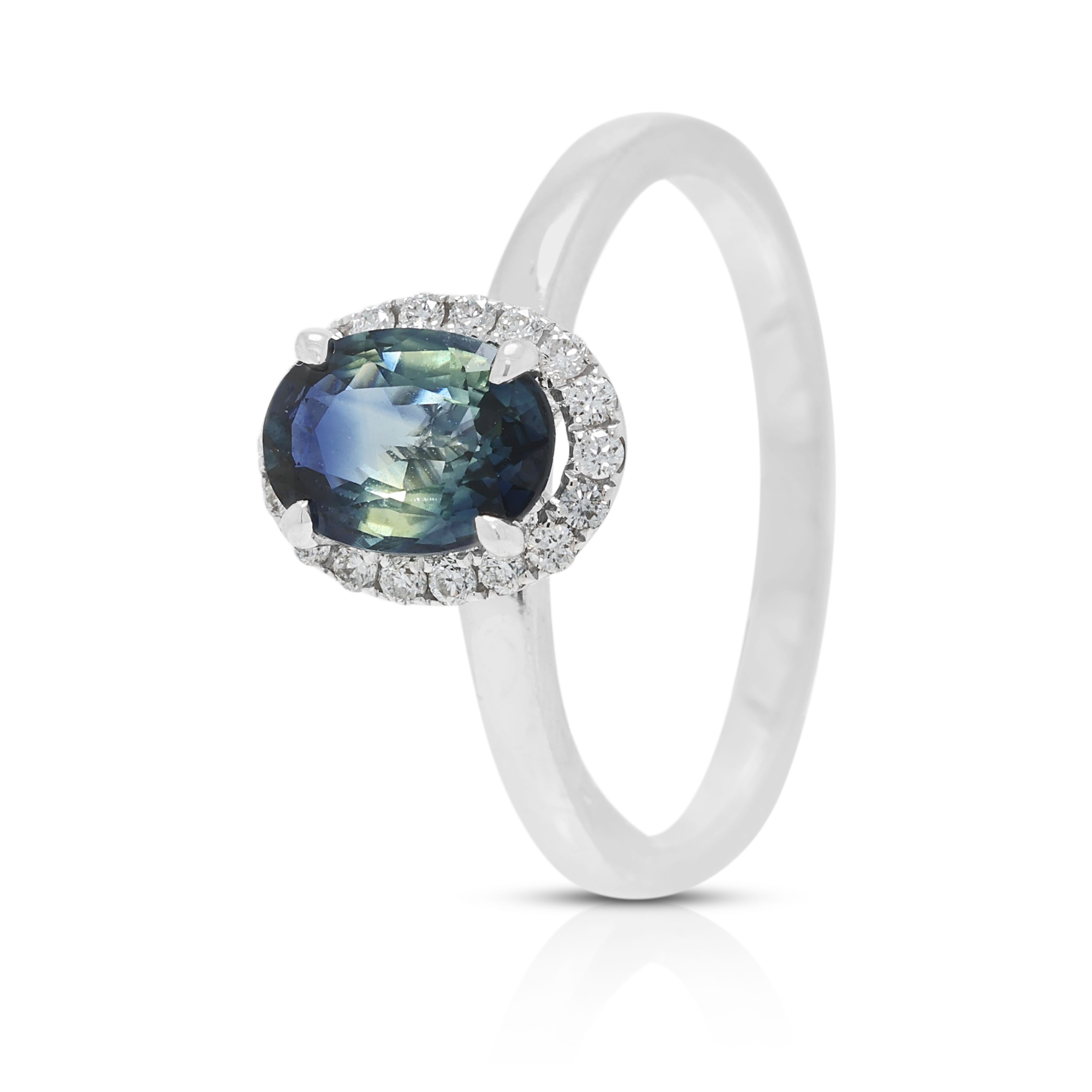 Mesmerizing 1.04ct Greenish Blue Sapphire and 0.09ct Natural Diamond Halo Ring in 18K White Gold - ICL Certified