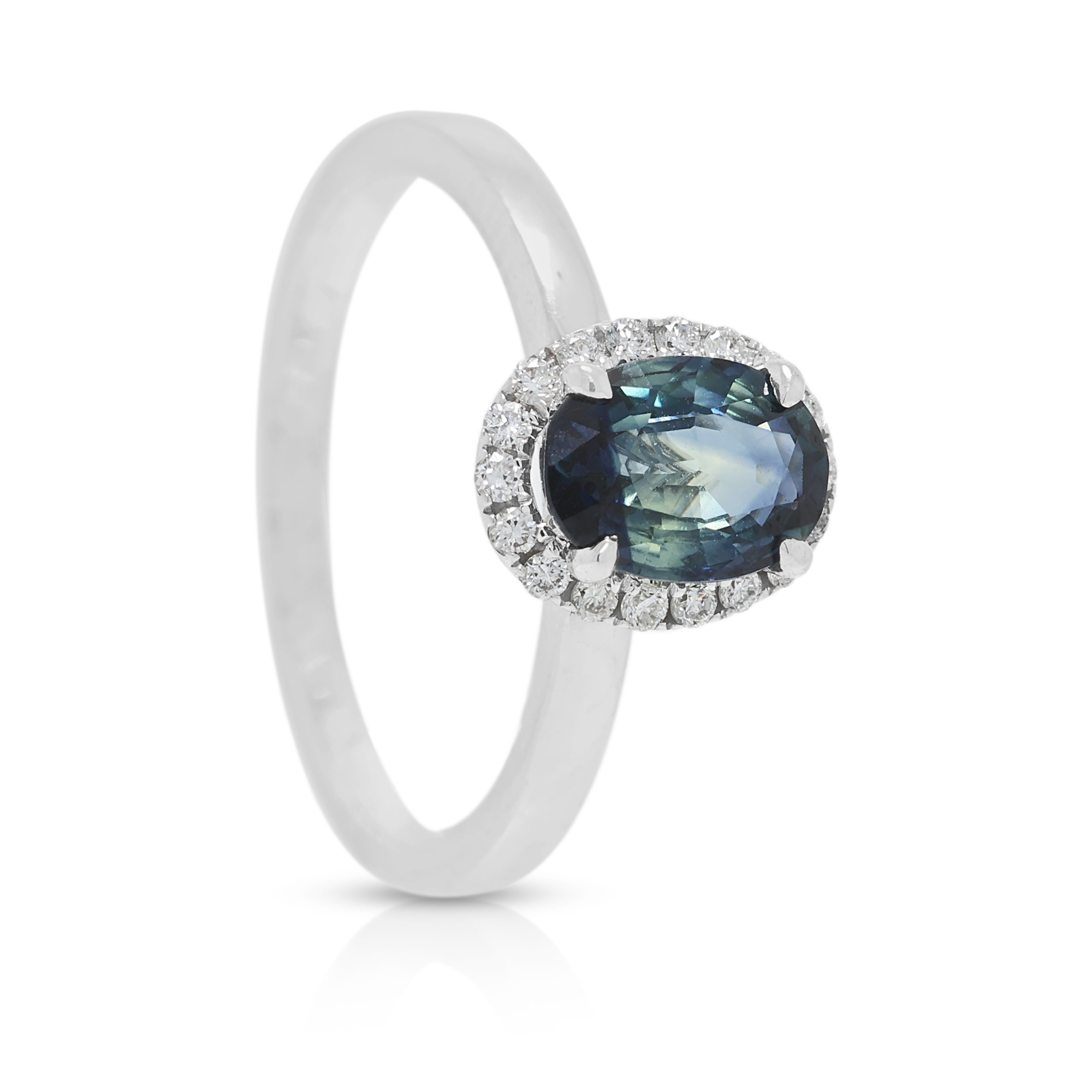 Mesmerizing 1.04ct Greenish Blue Sapphire and 0.09ct Natural Diamond Halo Ring in 18K White Gold - ICL Certified