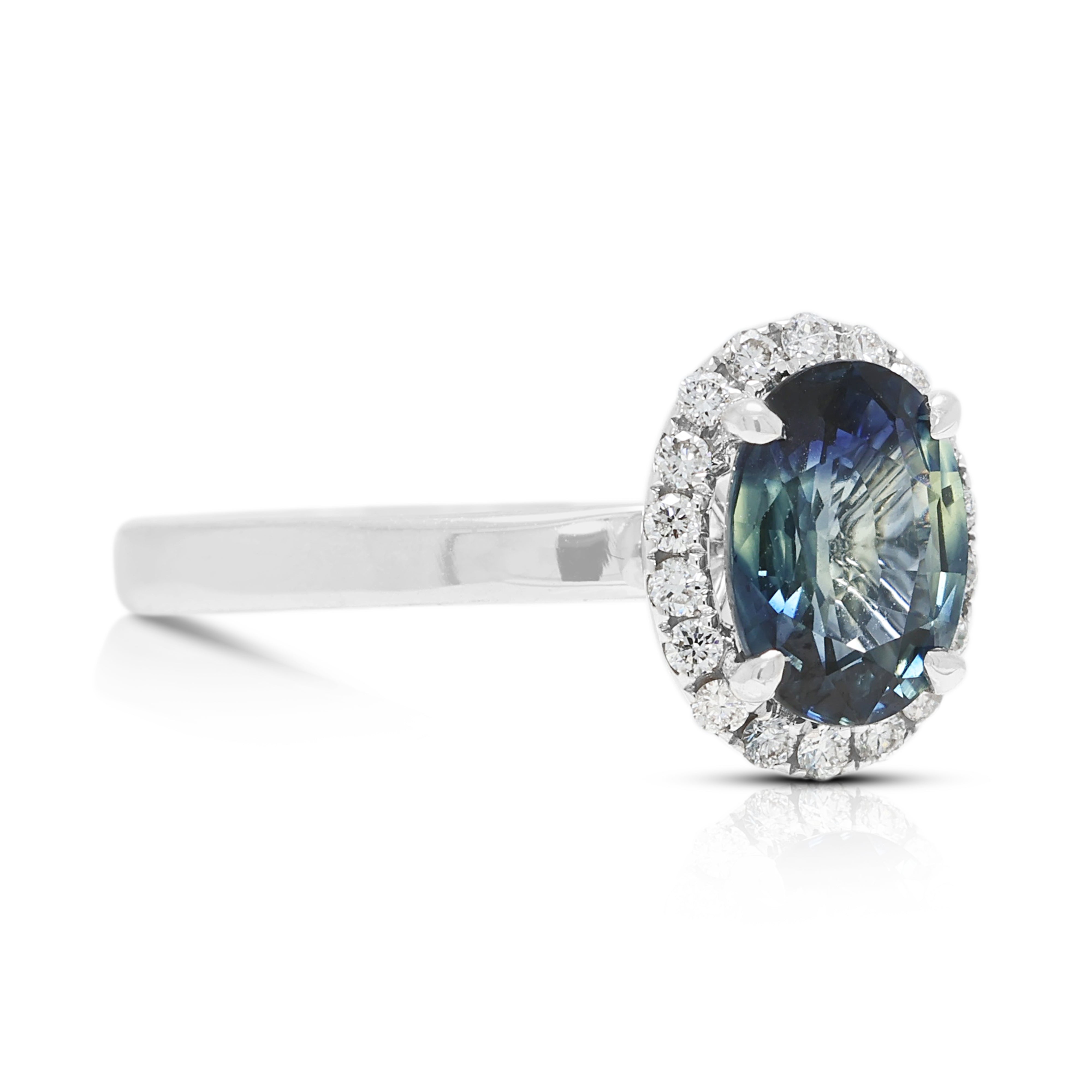 Mesmerizing 1.04ct Greenish Blue Sapphire and 0.09ct Natural Diamond Halo Ring in 18K White Gold - ICL Certified