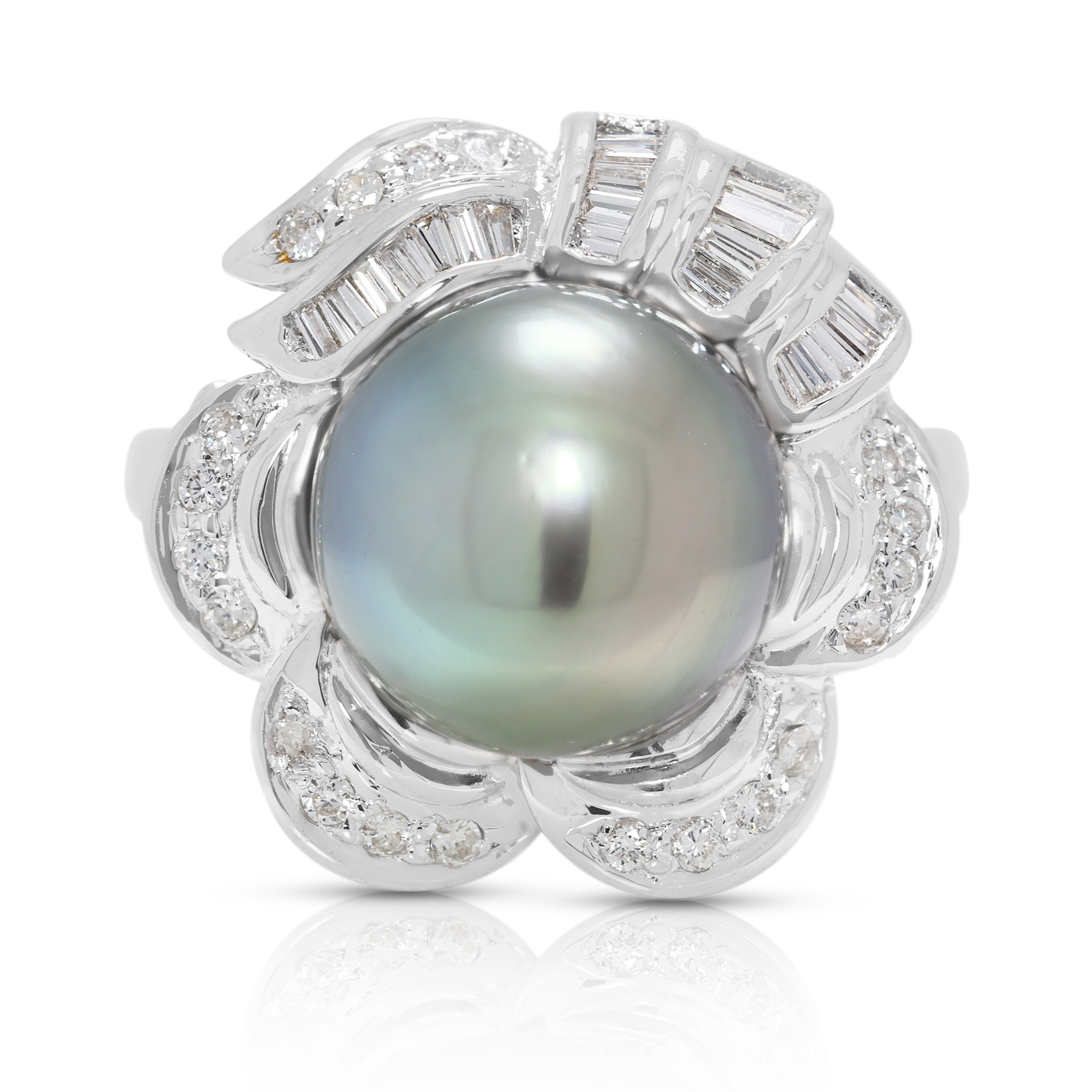 Floral-Inspired Tahitian Pearl & 0.43ct Natural Diamond Ring in 18K White Gold (New)