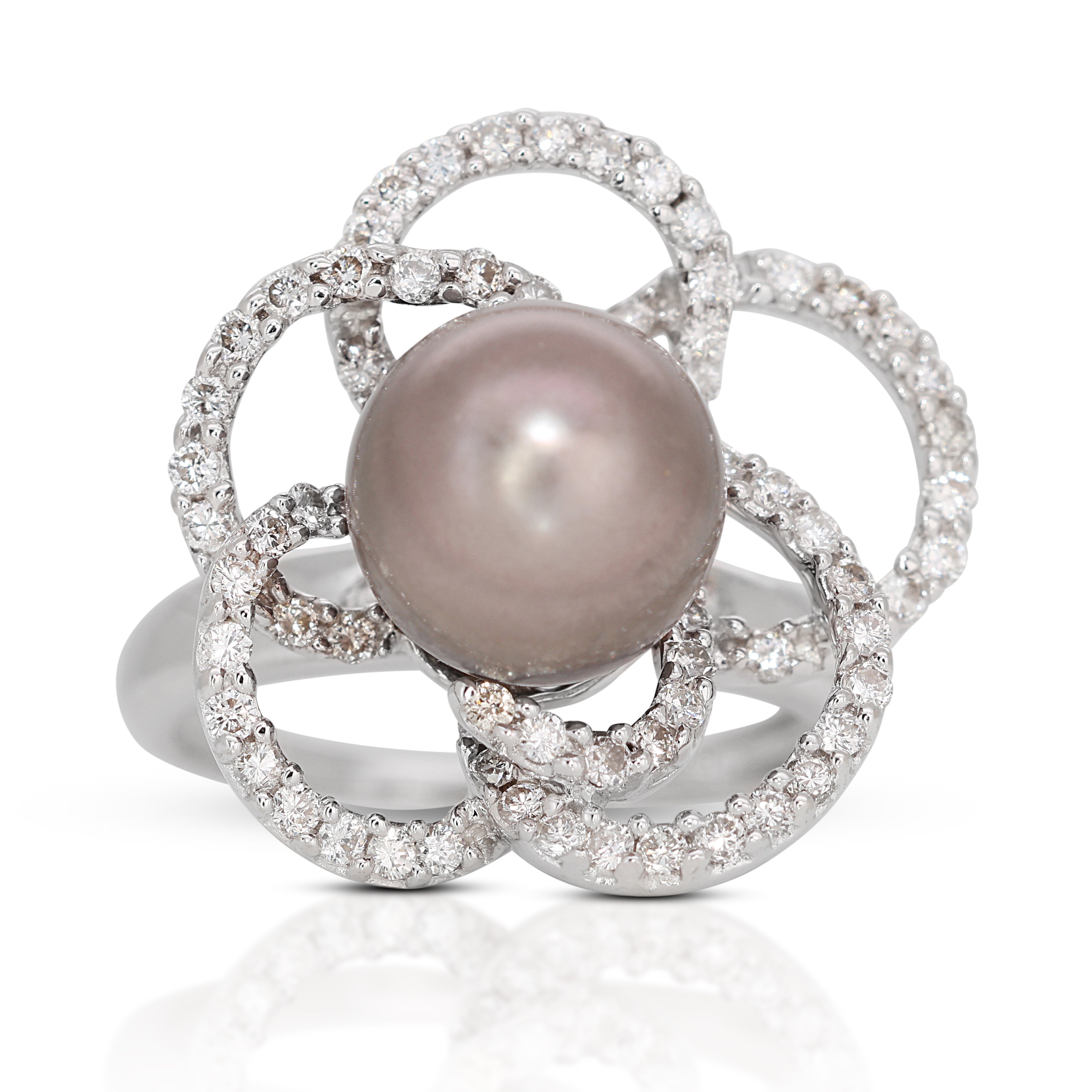 Chic 0.60ct Diamonds and Pearl Ring in 18K White Gold